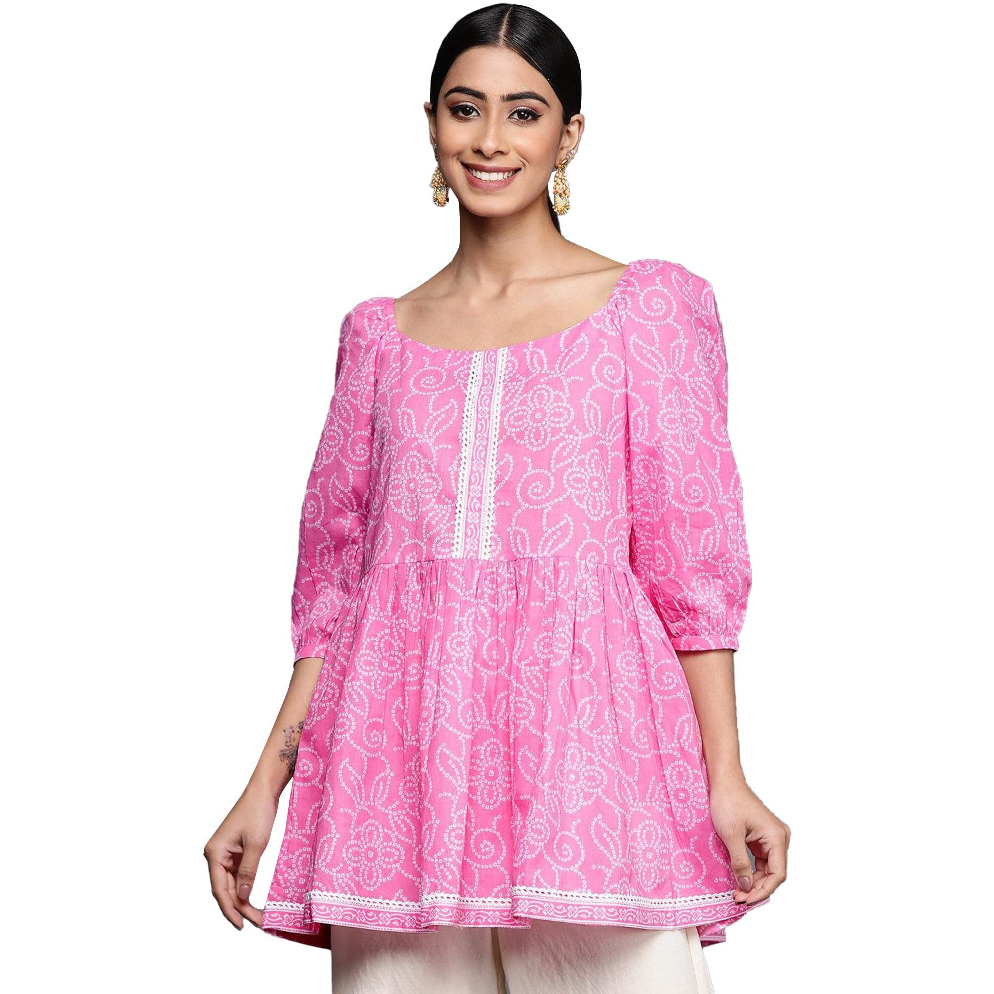 Libas Women's Pure Cotton Printed A-Line Kurtis (26097_Pink