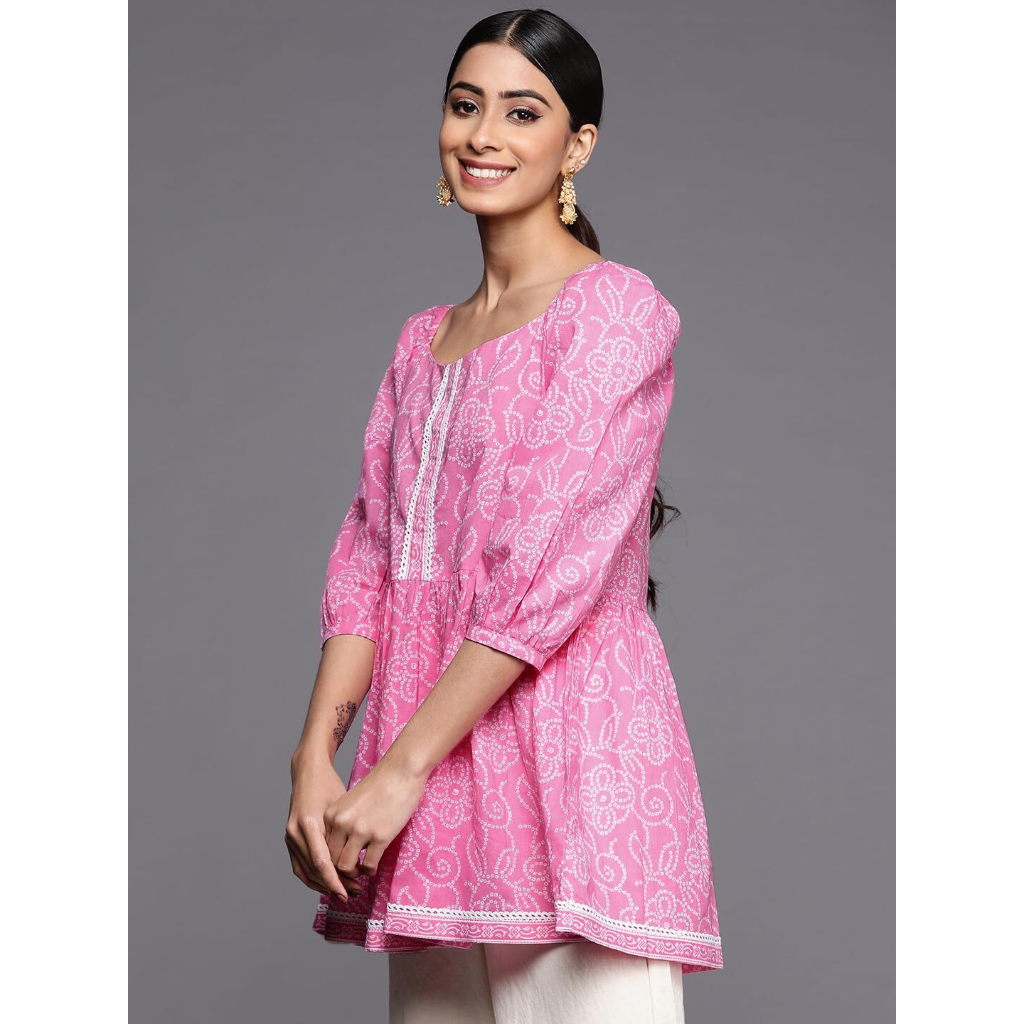 Libas Women's Pure Cotton Printed A-Line Kurtis (26097_Pink