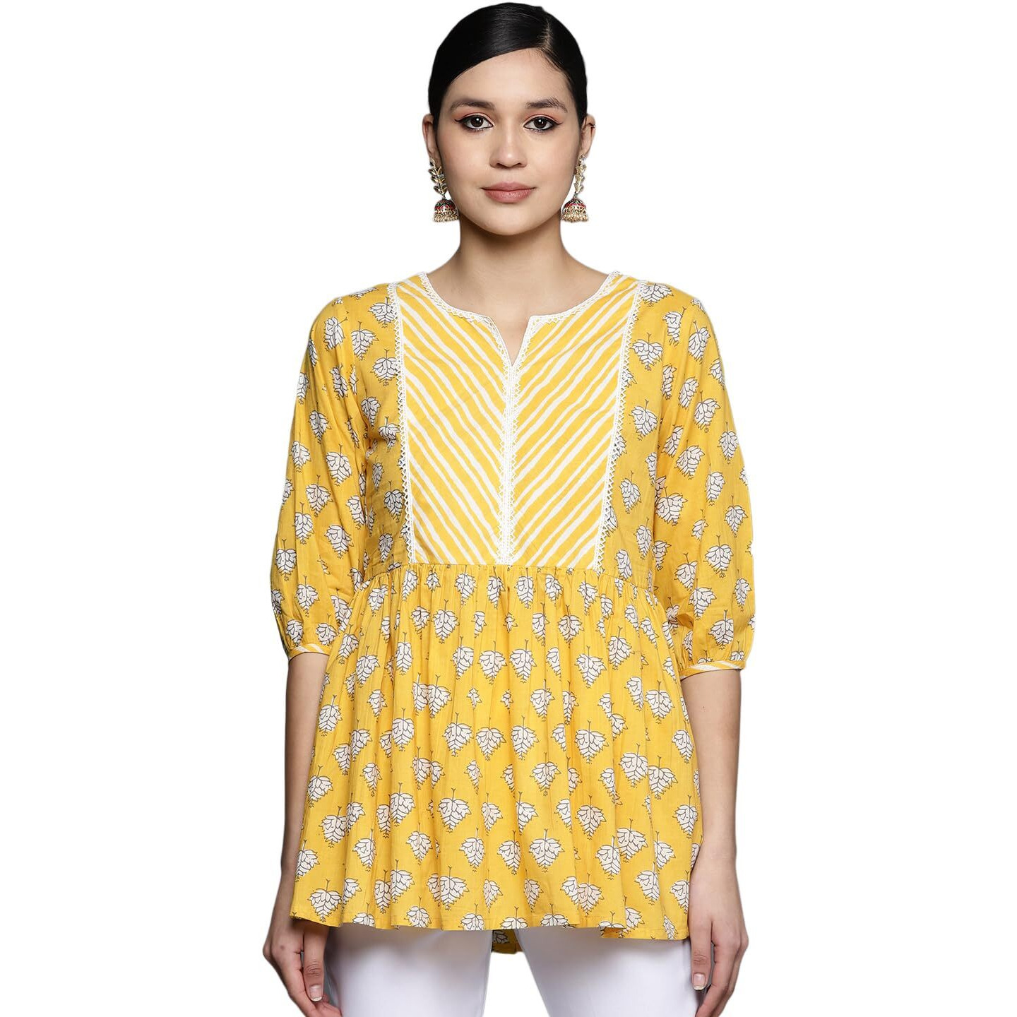 Libas Women's Pure Cotton Printed A-Line Kurtis (26142_Yellow