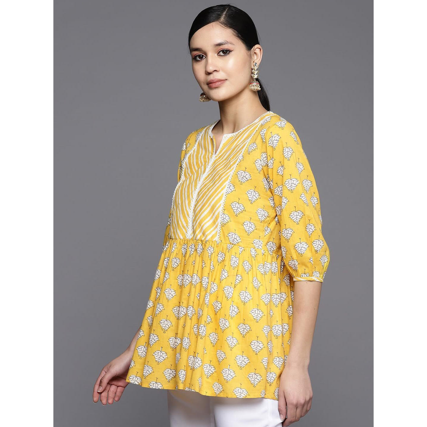 Libas Women's Pure Cotton Printed A-Line Kurtis (26142_Yellow