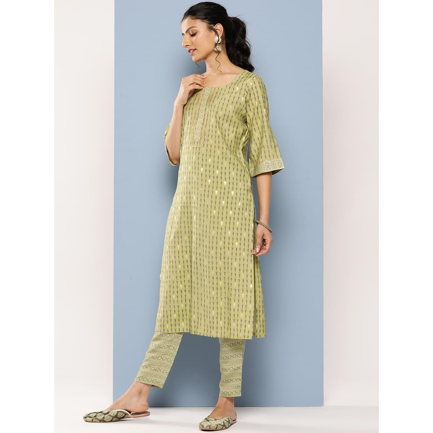 Libas Green Printed Silk Blend Straight Kurta With Trousers