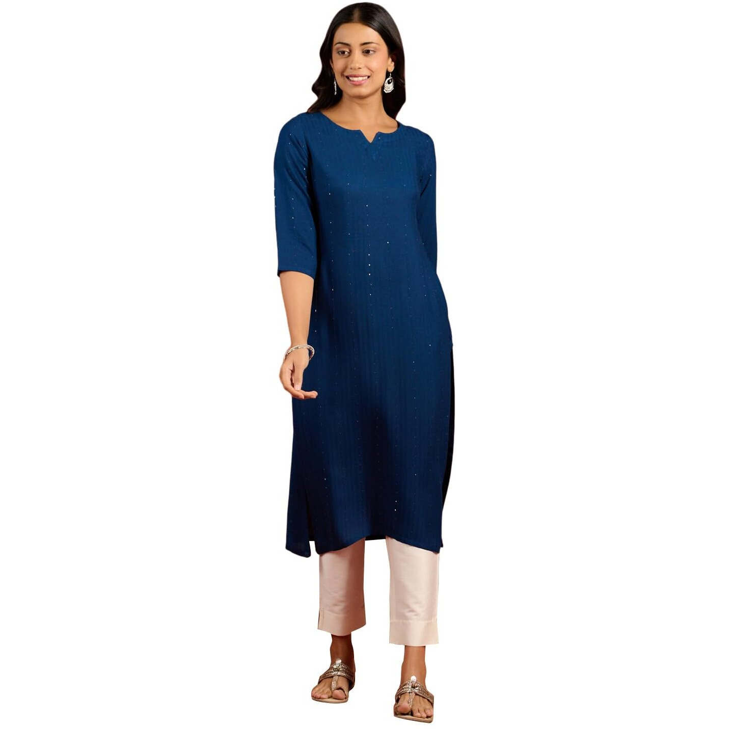 Libas Women's Viscose Rayon Embroidered Straight Kurta (26505_Blue
