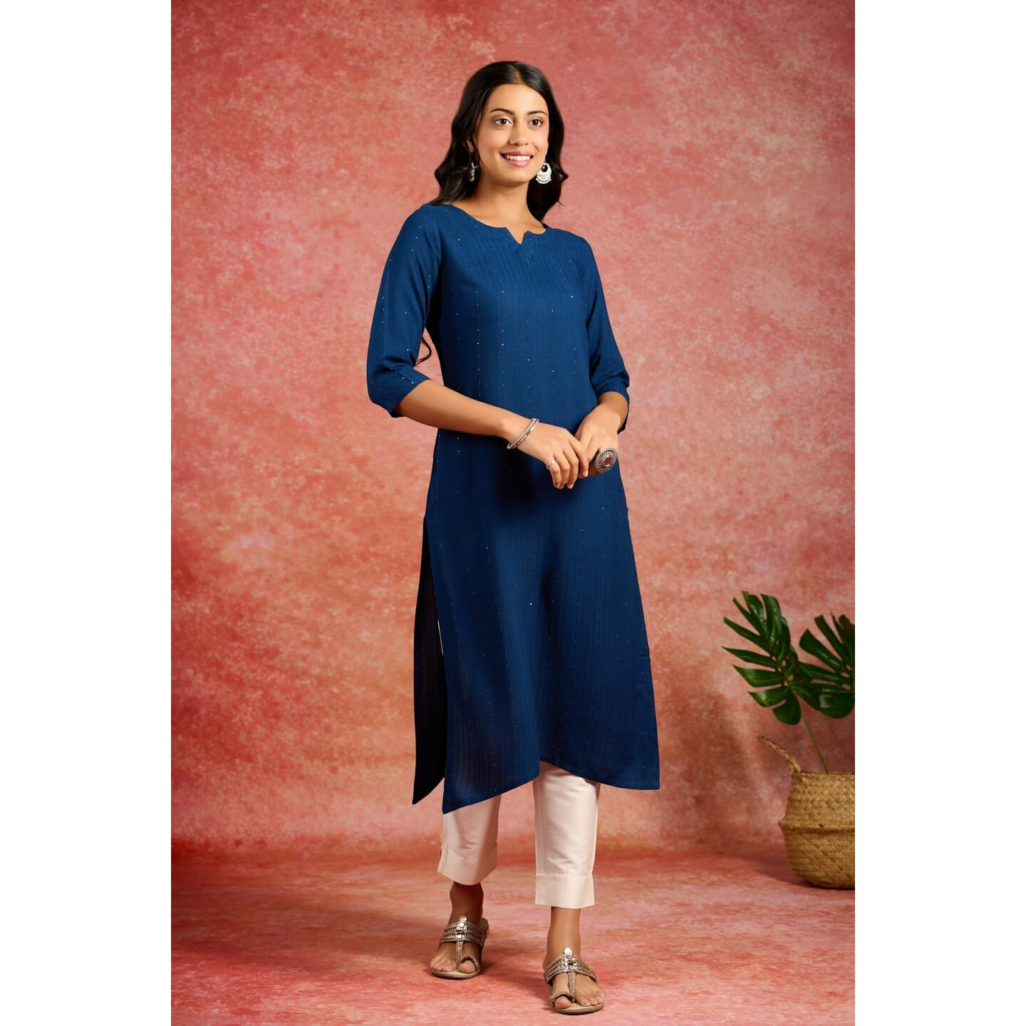 Libas Women's Viscose Rayon Embroidered Straight Kurta (26505_Blue