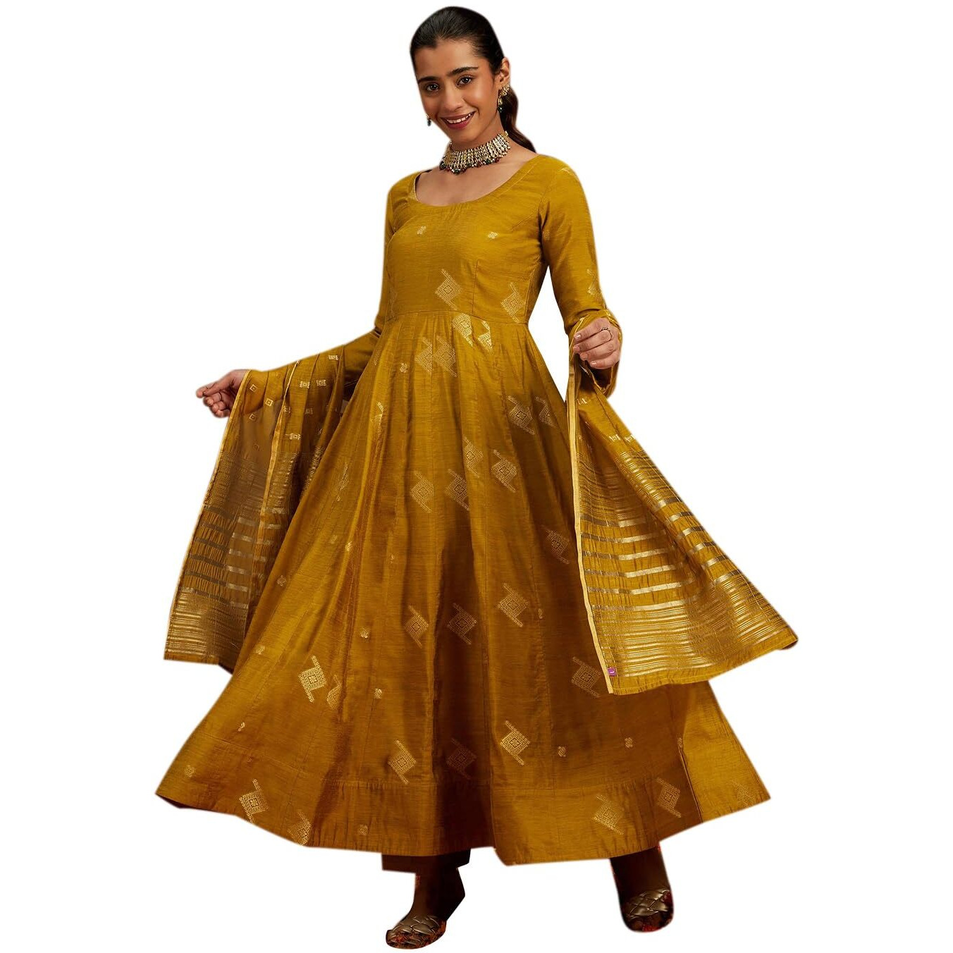 Libas Women's Chanderi Silk Woven Design Regular Fit Kurta Sets (34742_Mustard