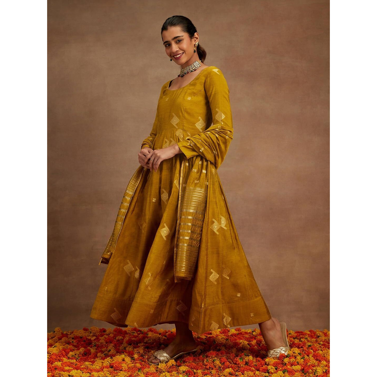 Libas Women's Chanderi Silk Woven Design Regular Fit Kurta Sets (34742_Mustard