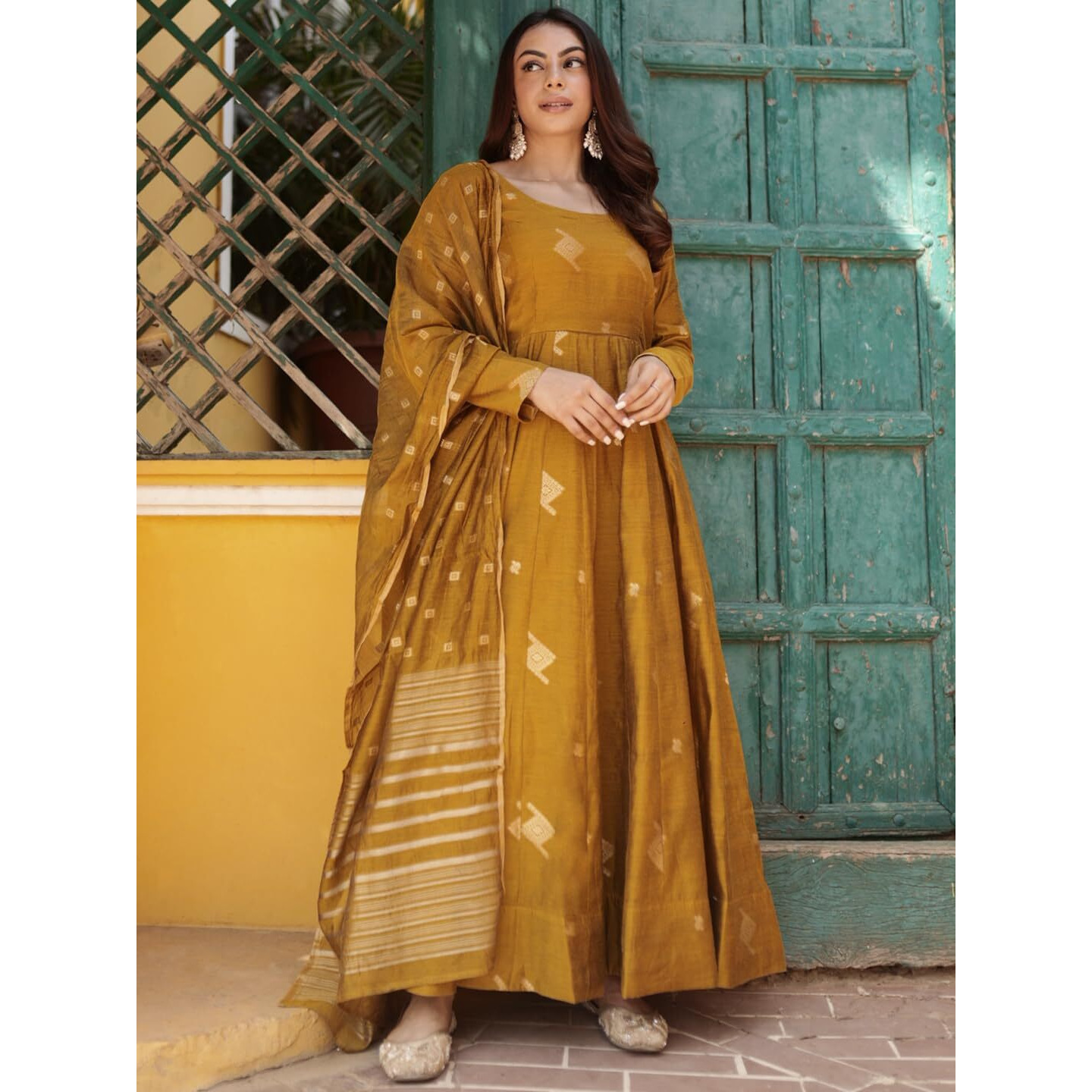Libas Women's Chanderi Silk Woven Design Regular Fit Kurta Sets (34742_Mustard
