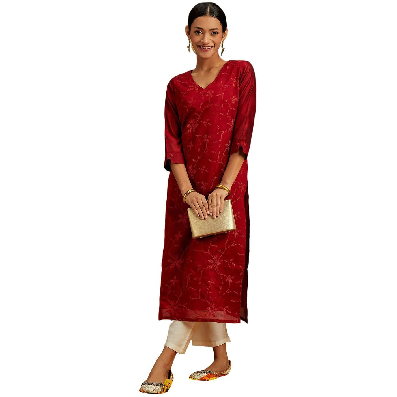 Libas Women's Chanderi Silk Embroidered Straight Kurta (58010_Red
