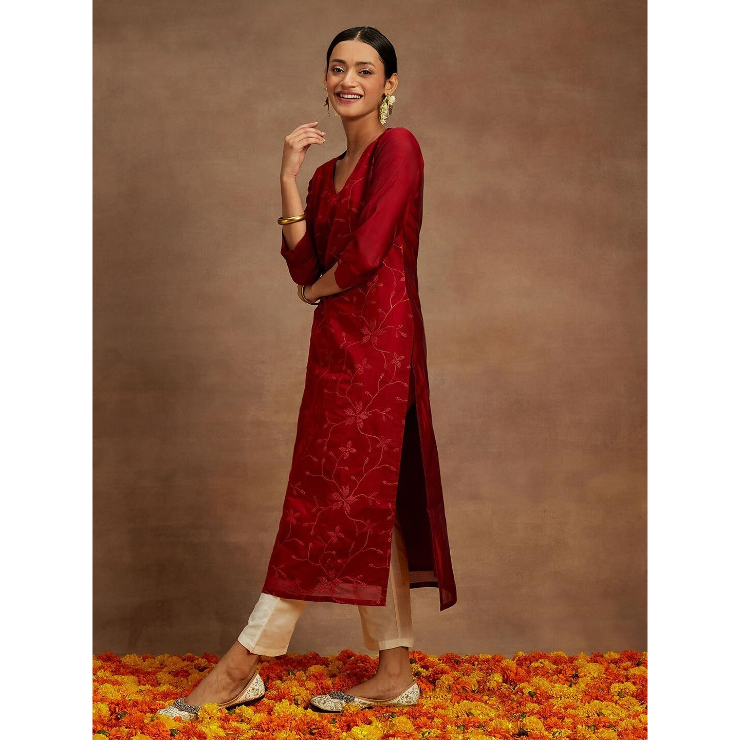 Libas Women's Chanderi Silk Embroidered Straight Kurta (58010_Red