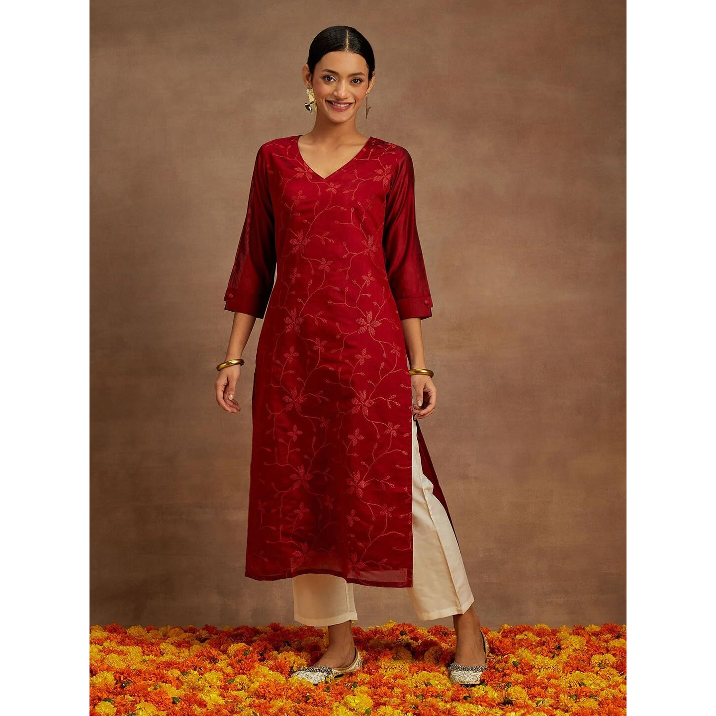 Libas Women's Chanderi Silk Embroidered Straight Kurta (58010_Red