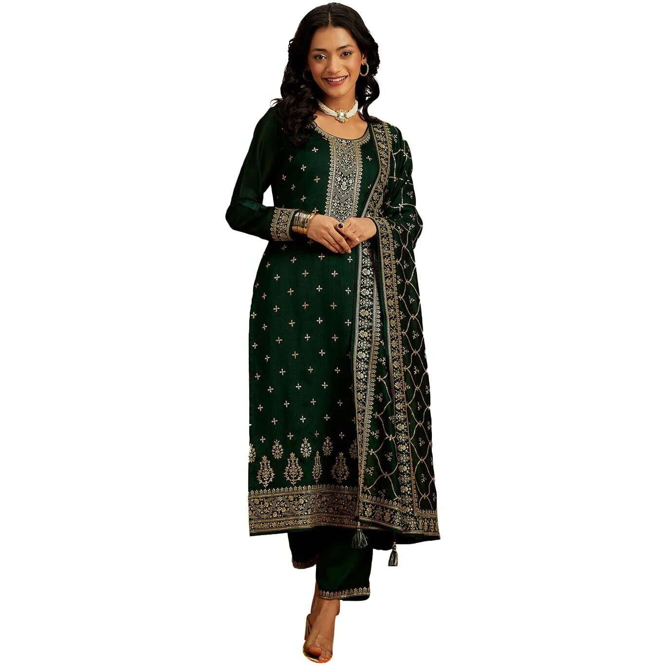Libas Women's Silk Blend Kurta Sets (48058_Bottle Green