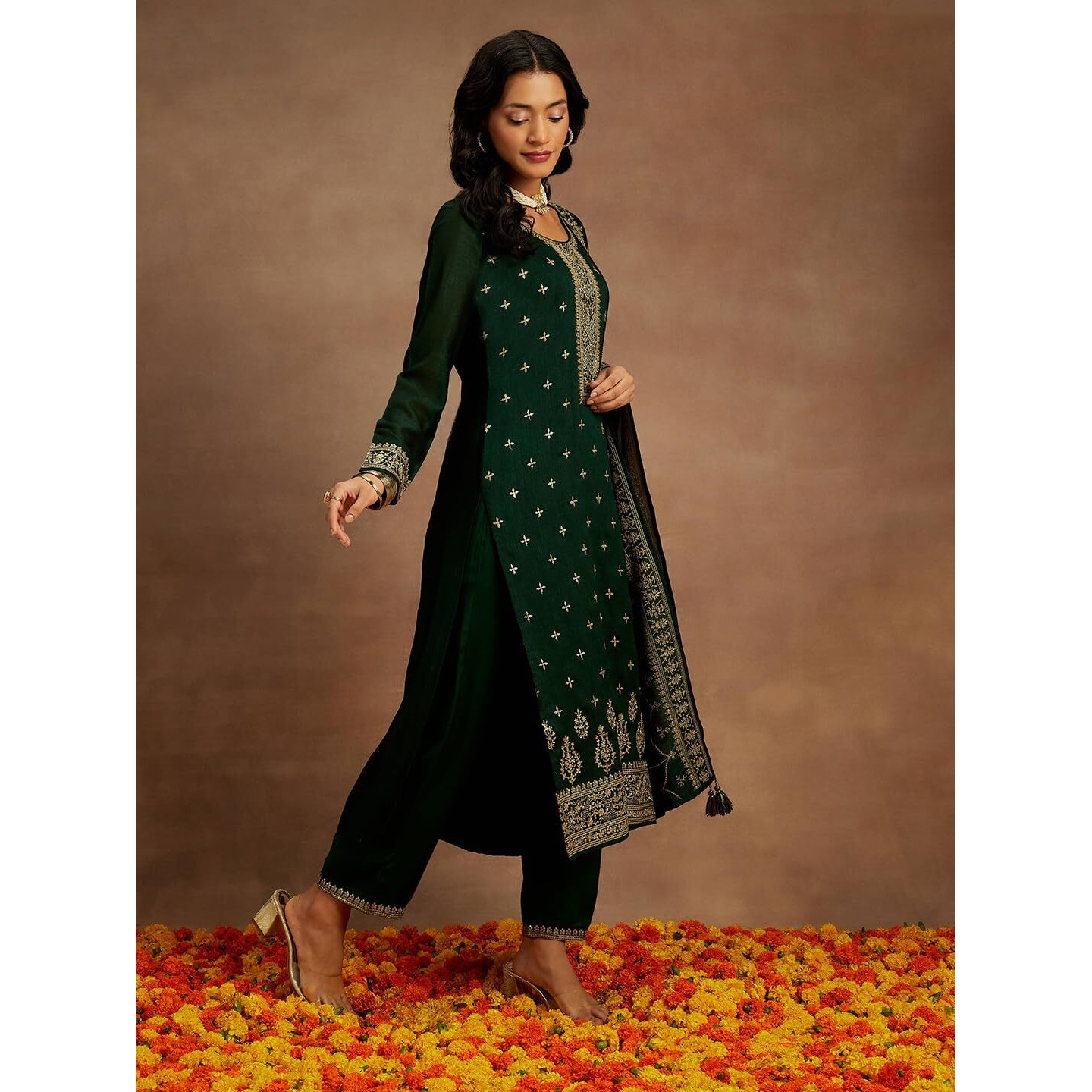Libas Women's Silk Blend Kurta Sets (48058_Bottle Green