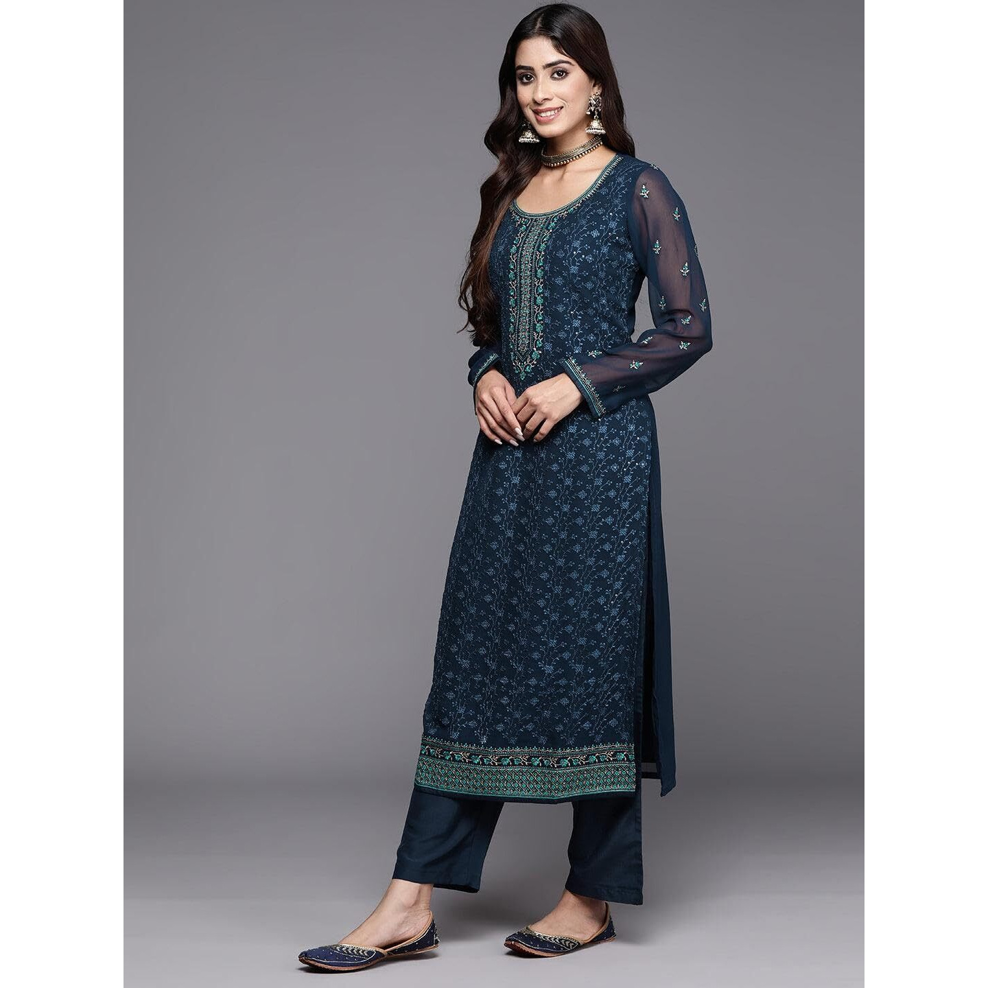 Libas Women's Georgette Kurta Sets (48088_Navy