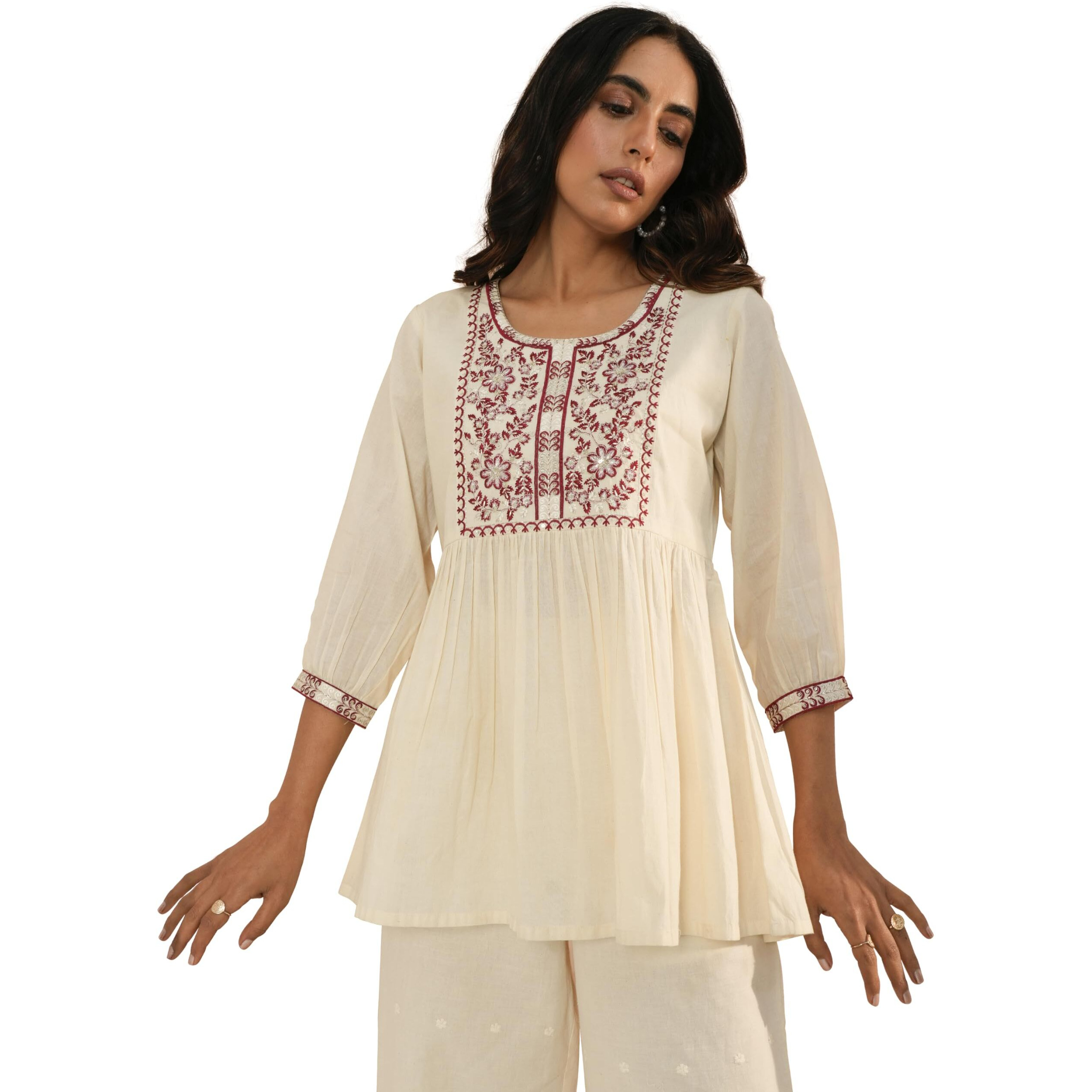 Libas Women's Cotton Yoke Design A-Line Kurtis (26720_Off White