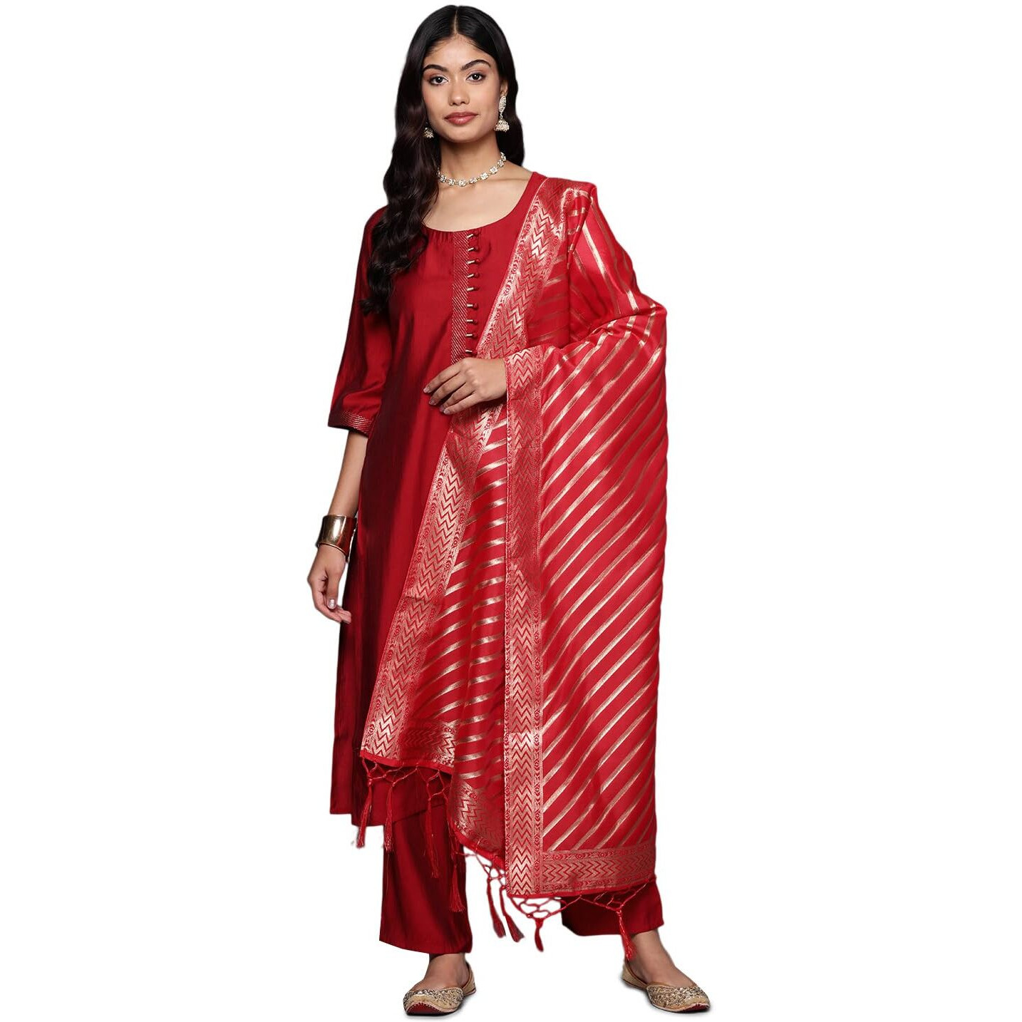 Libas Women's Silk Blend Kurta Sets (GS841_Red