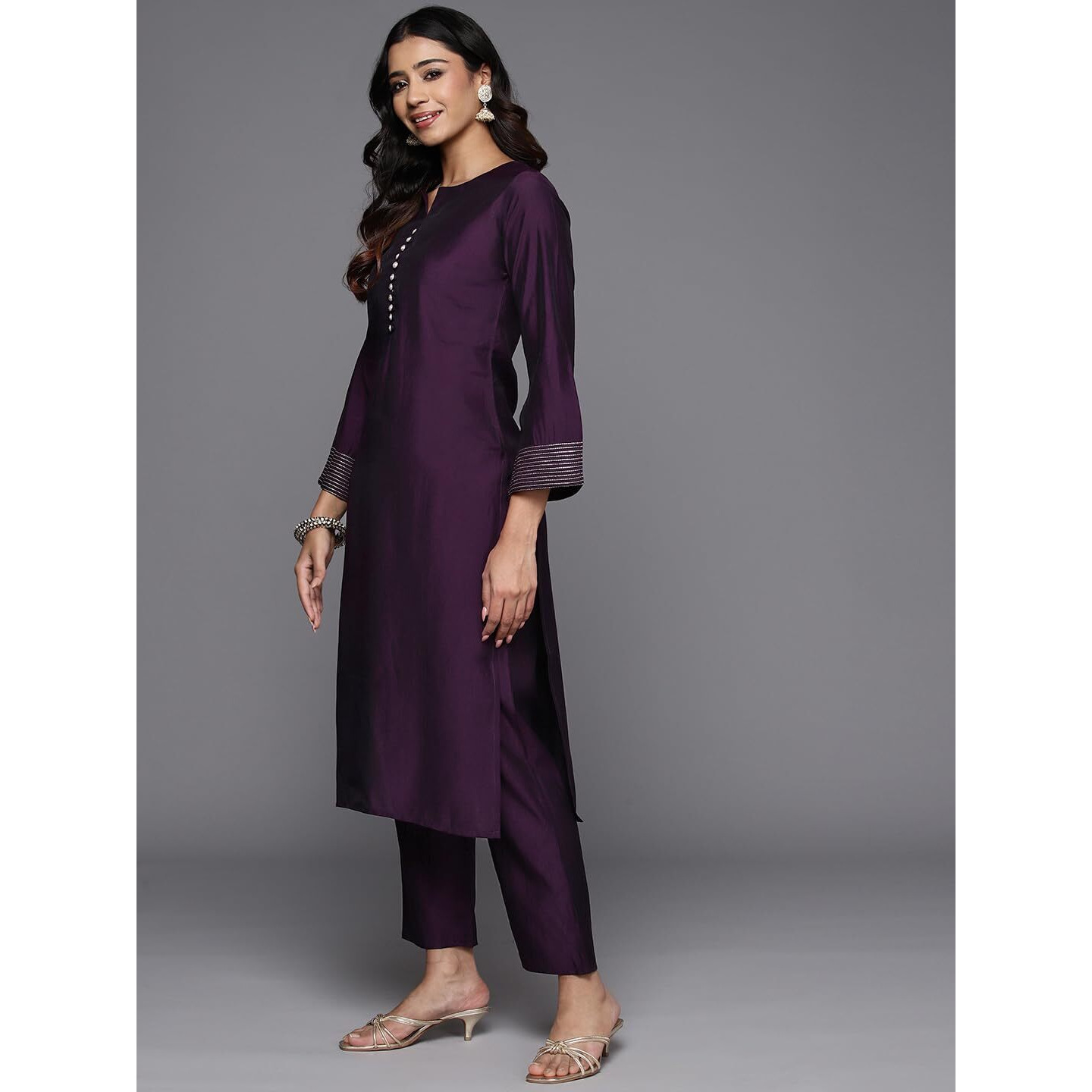 Libas Purple Solid Silk Blend Straight Kurta With Trousers & Dupatta