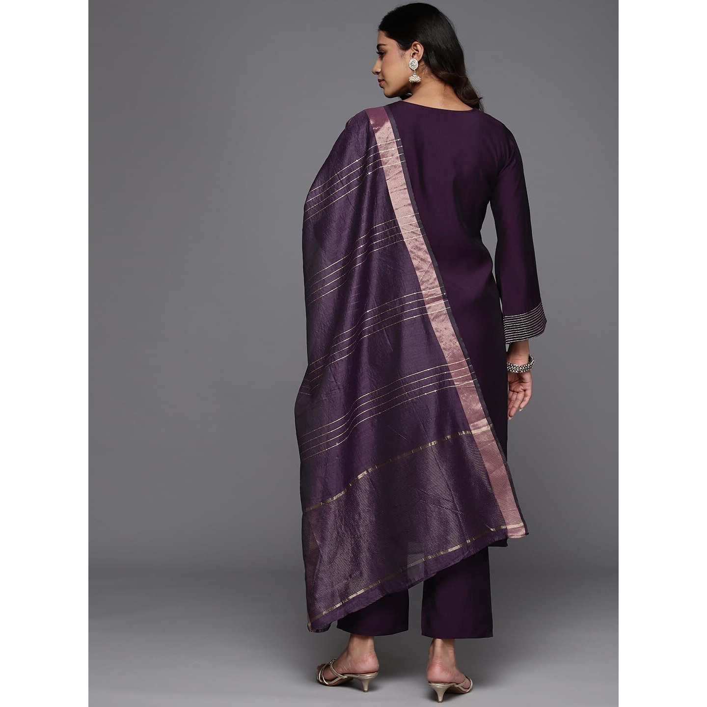 Libas Purple Solid Silk Blend Straight Kurta With Trousers & Dupatta