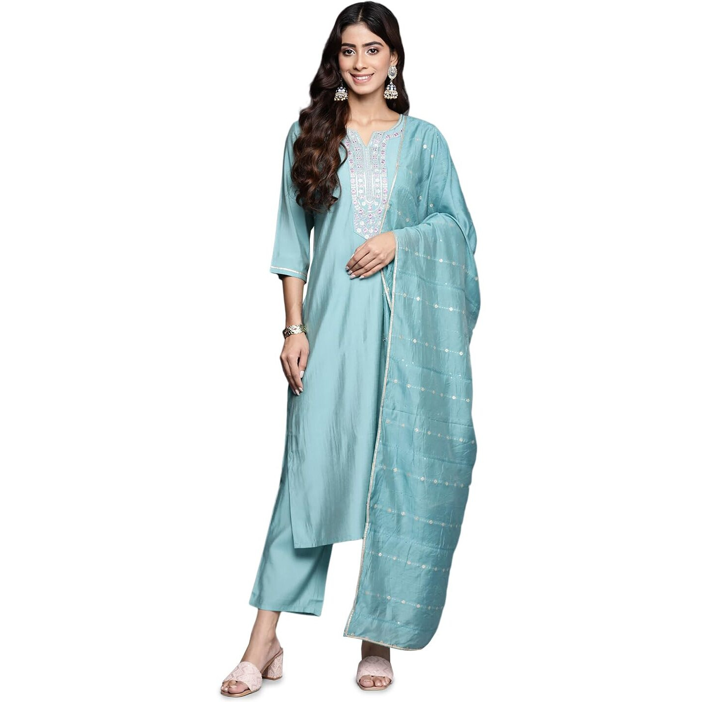 Libas Blue Yoke Design Silk Blend Straight Kurta With Trousers & Dupatta