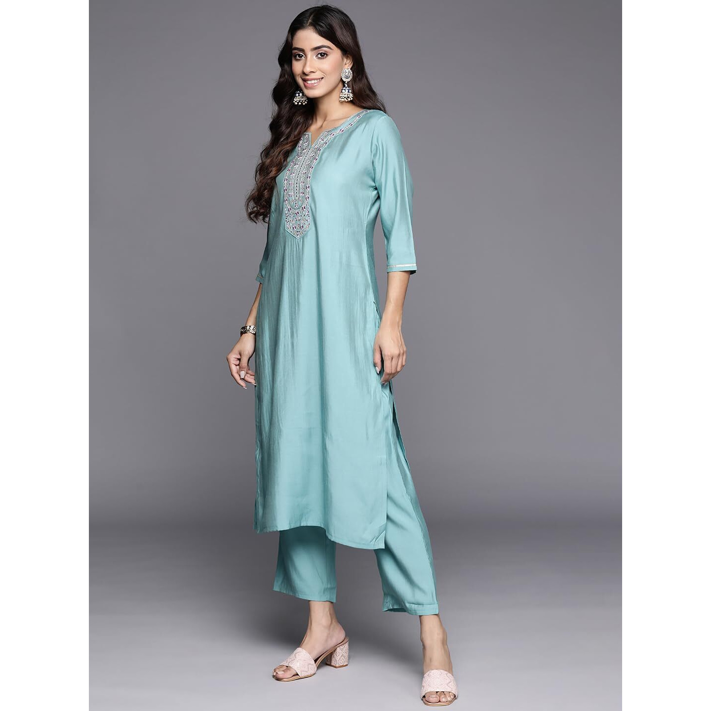 Libas Blue Yoke Design Silk Blend Straight Kurta With Trousers & Dupatta