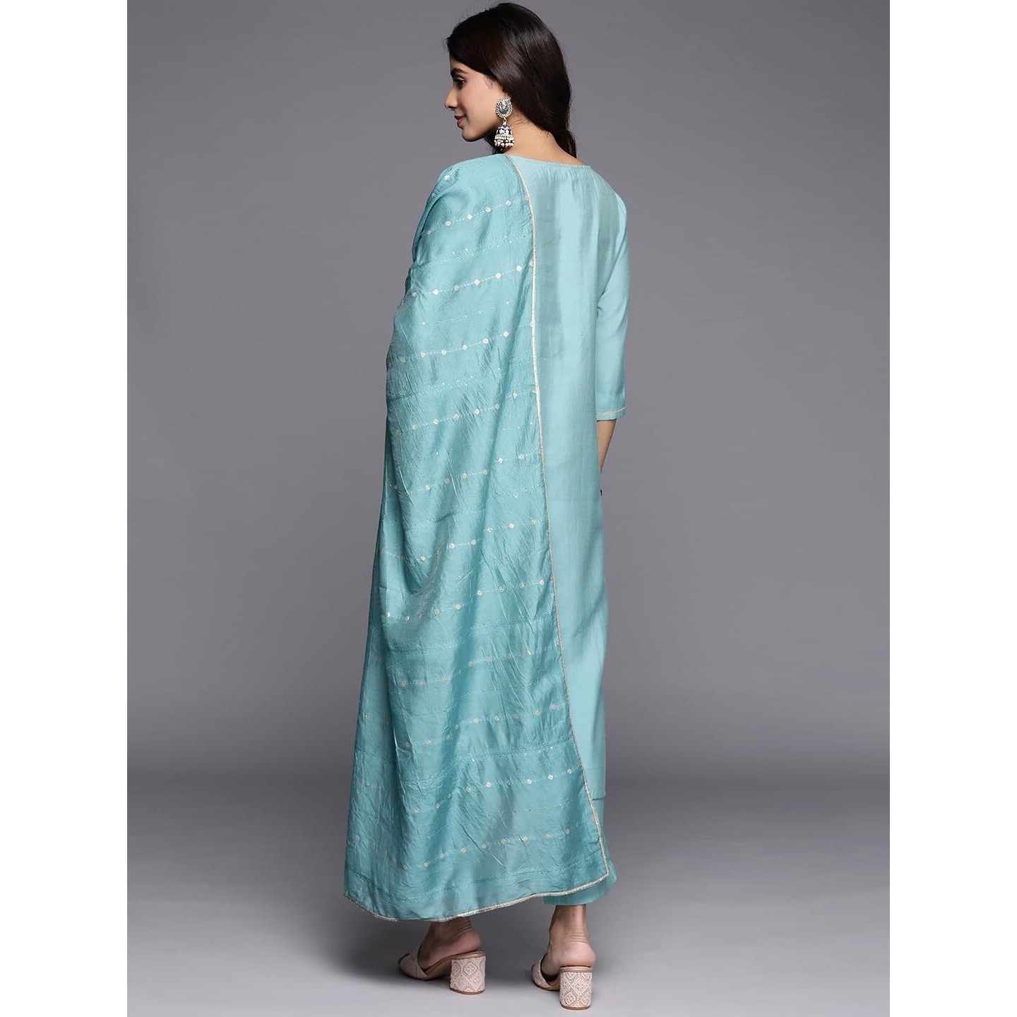 Libas Blue Yoke Design Silk Blend Straight Kurta With Trousers & Dupatta