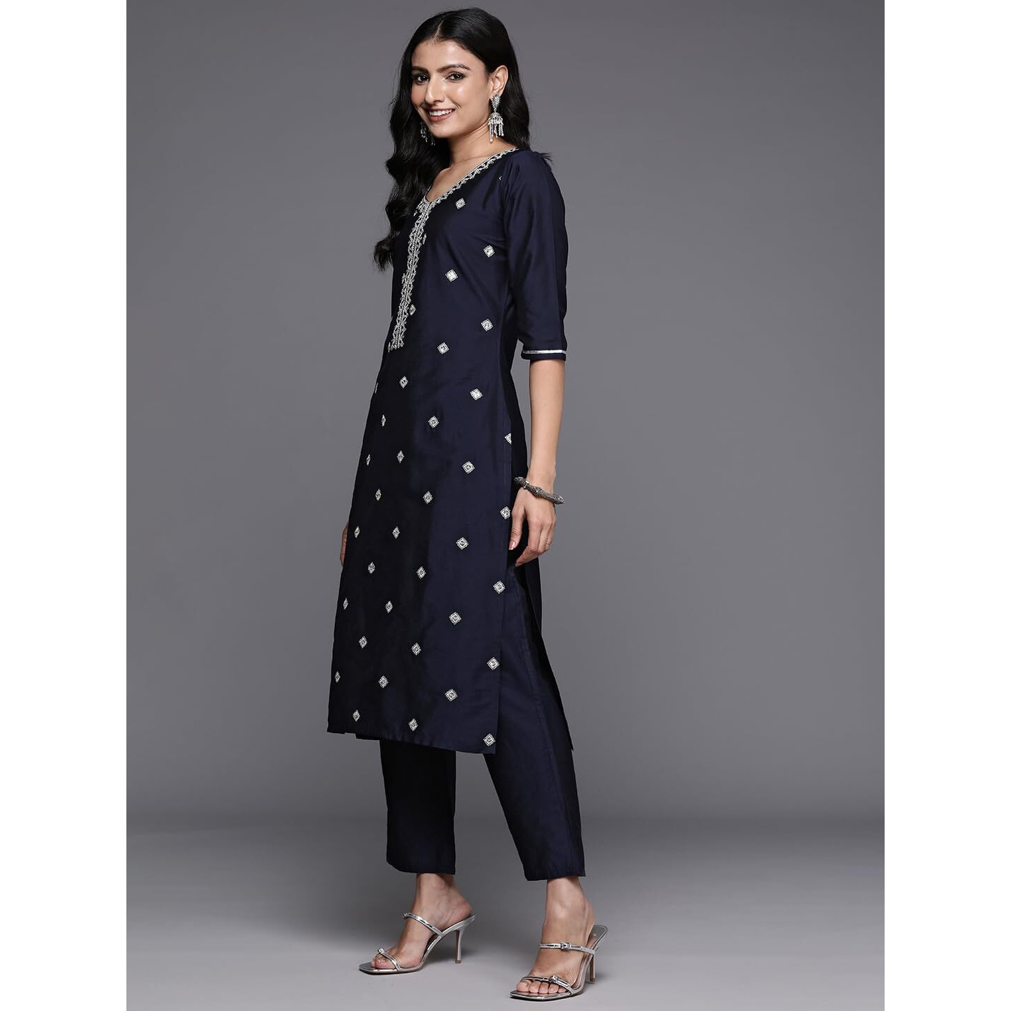 Libas Blue Yoke Design Silk Blend Straight Kurta With Trousers & Dupatta
