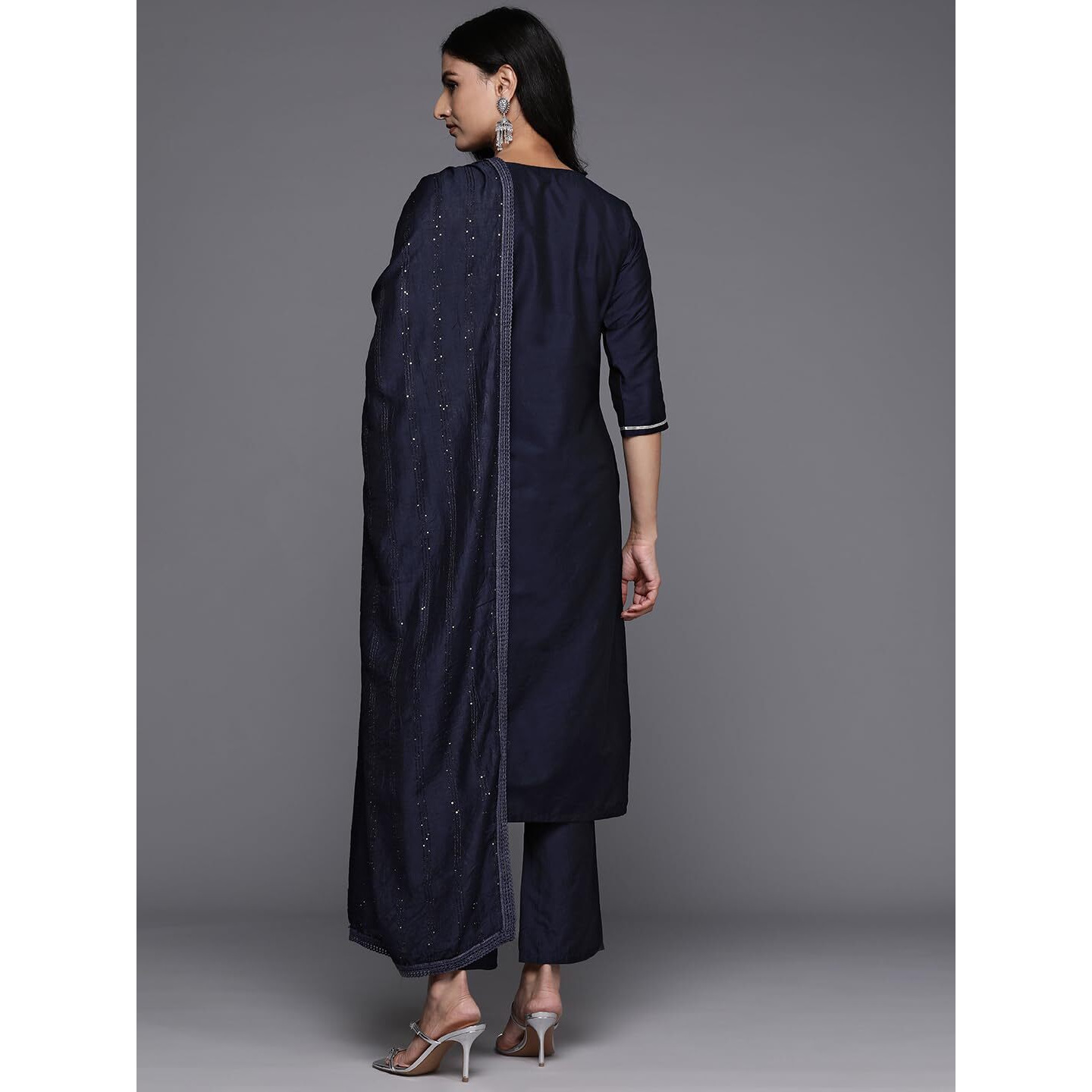 Libas Blue Yoke Design Silk Blend Straight Kurta With Trousers & Dupatta