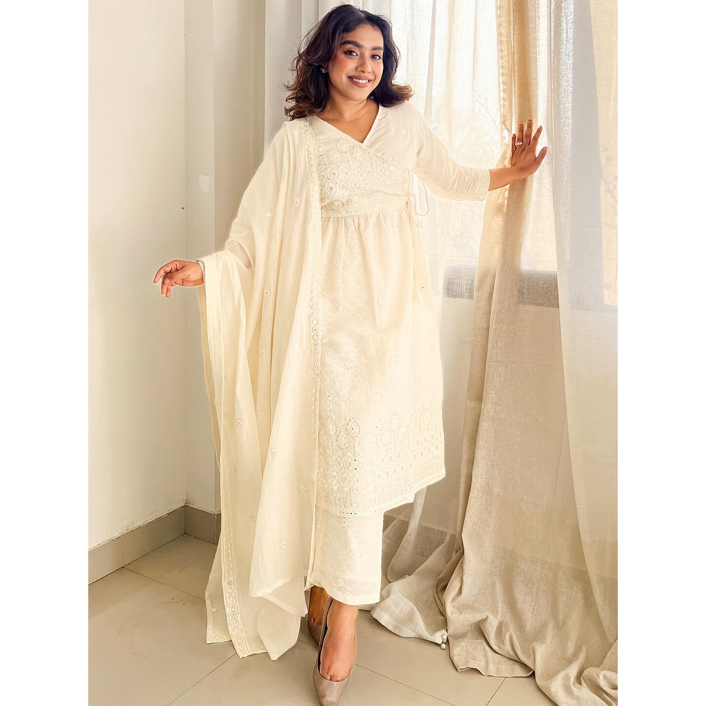 Libas Off White Embroidered Cotton A-Line Kurta With Trousers & Dupatta