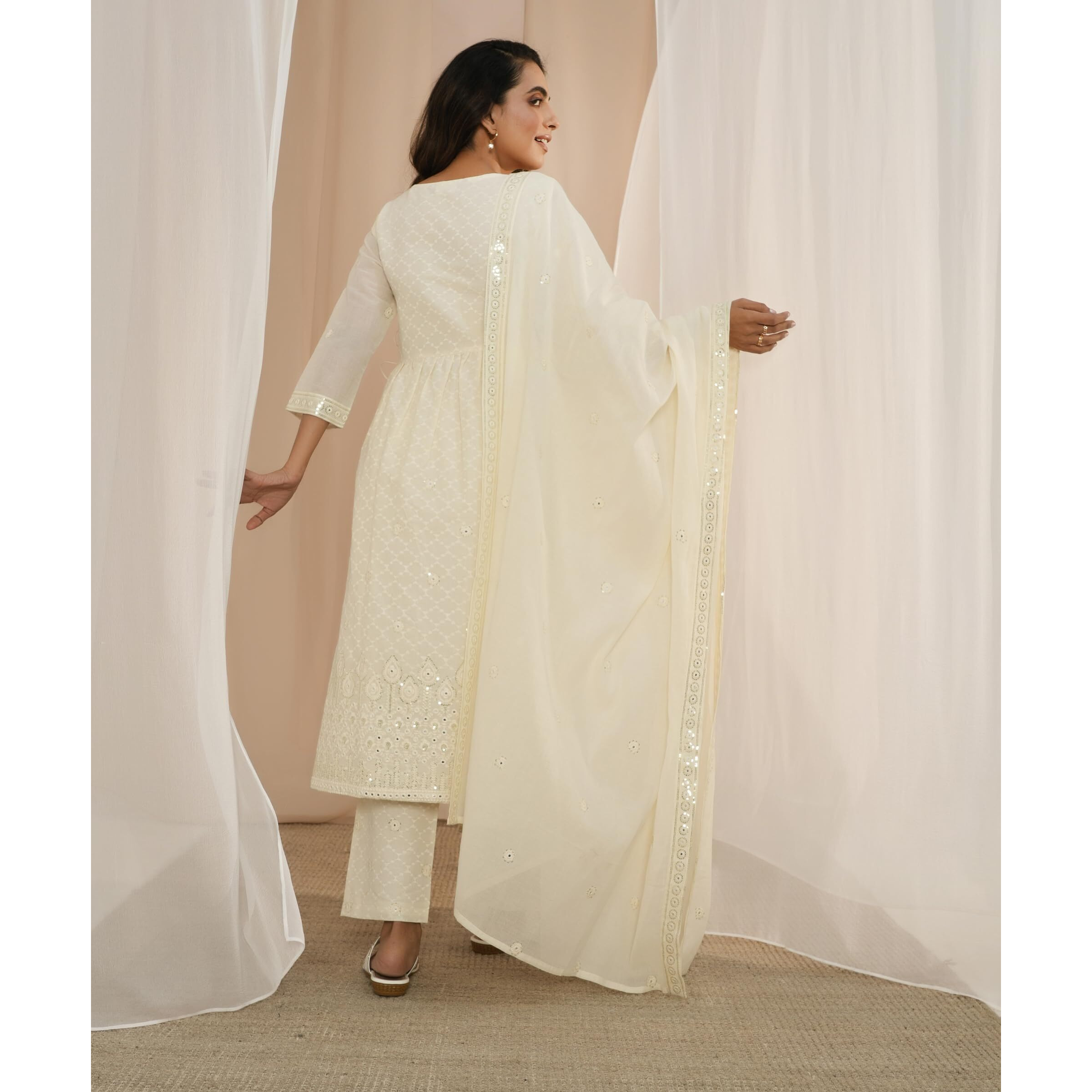 Libas Off White Embroidered Cotton A-Line Kurta With Trousers & Dupatta