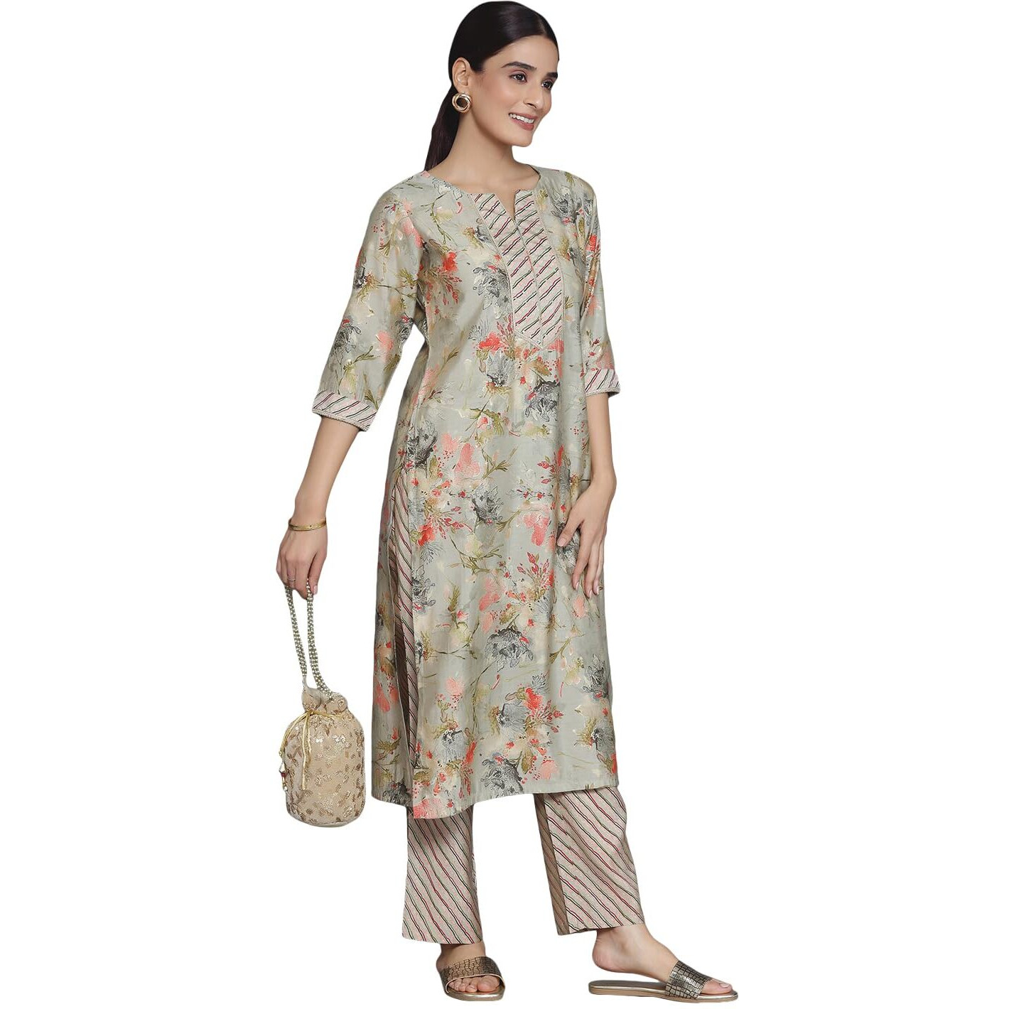 Libas Women's Silk Blend Printed Regular Fit Kurta Set (35430_Grey_S)