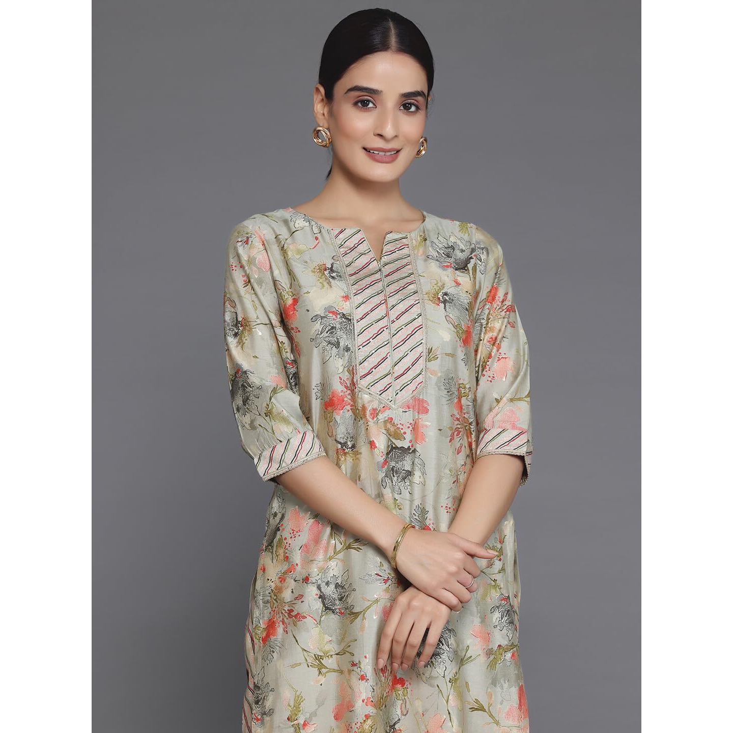 Libas Women's Silk Blend Printed Regular Fit Kurta Set (35430_Grey_S)