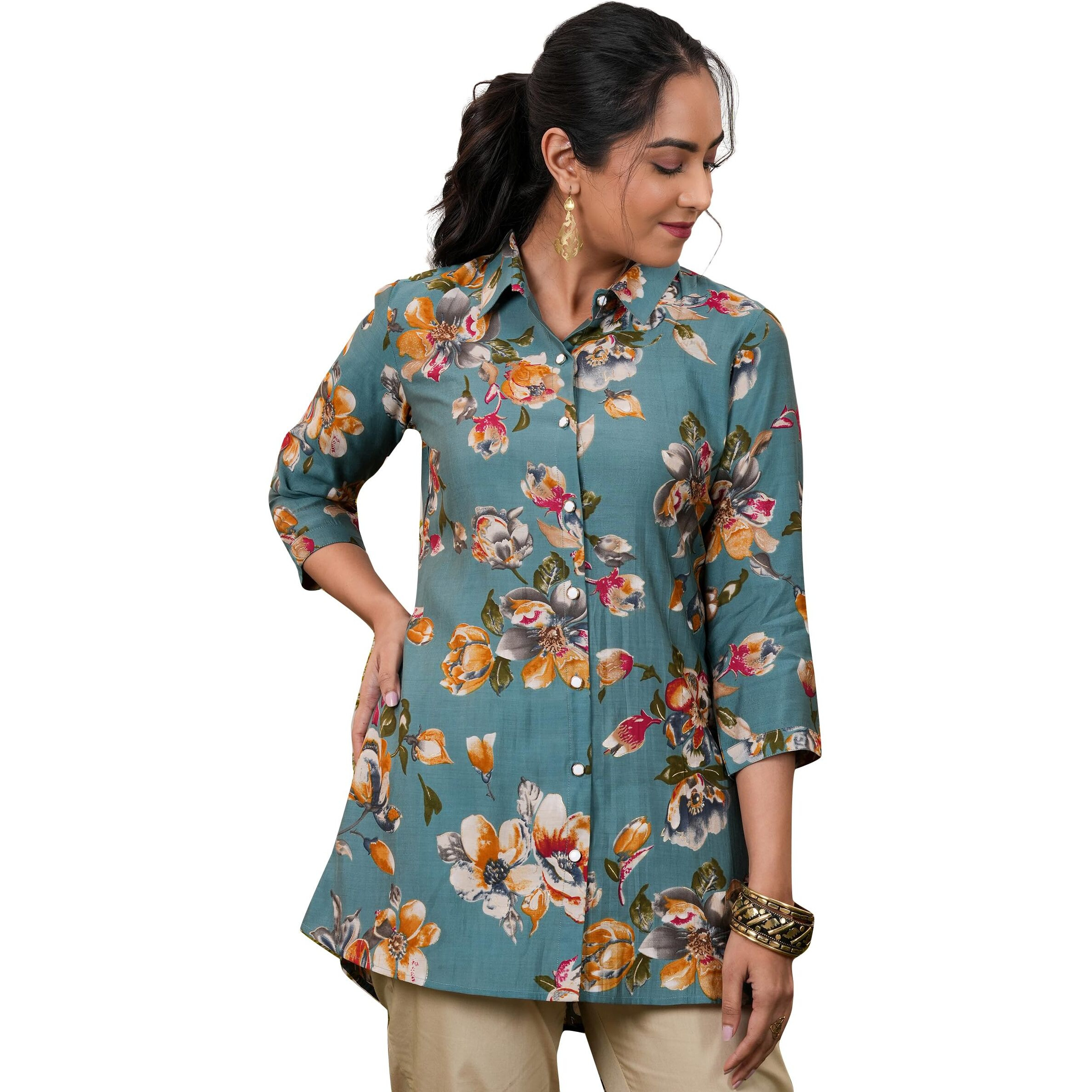 Libas Women's Printed A-Line Kurtis (37080_Blue