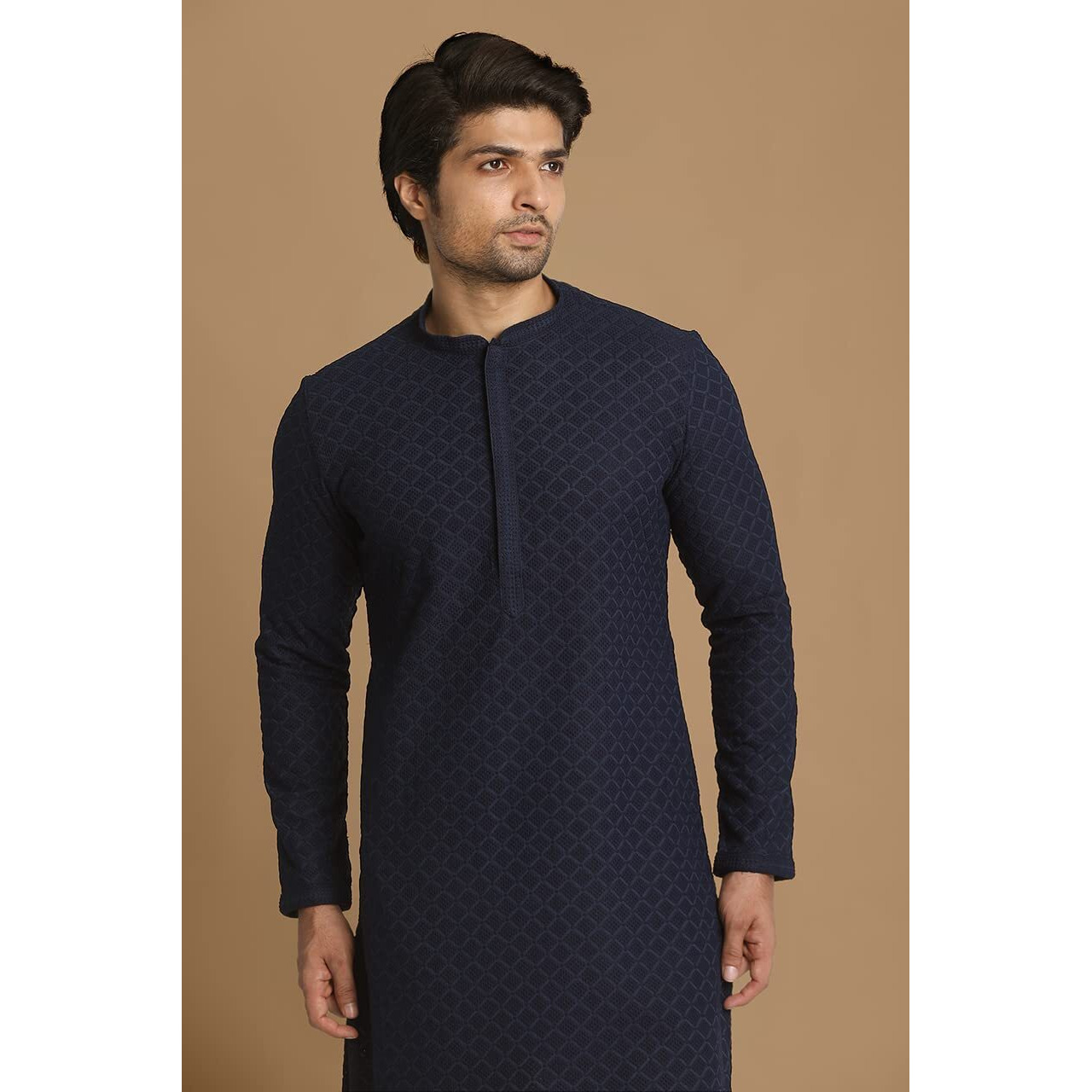 Manyavar Elegant Embroidered Full Sleeves Kurta and Churidar Set for Men - (Blue, Medium)