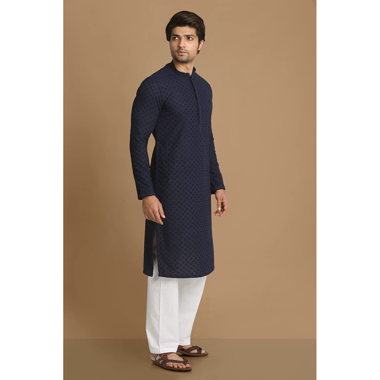 Manyavar Elegant Embroidered Full Sleeves Kurta and Churidar Set for Men - (Blue, Medium)