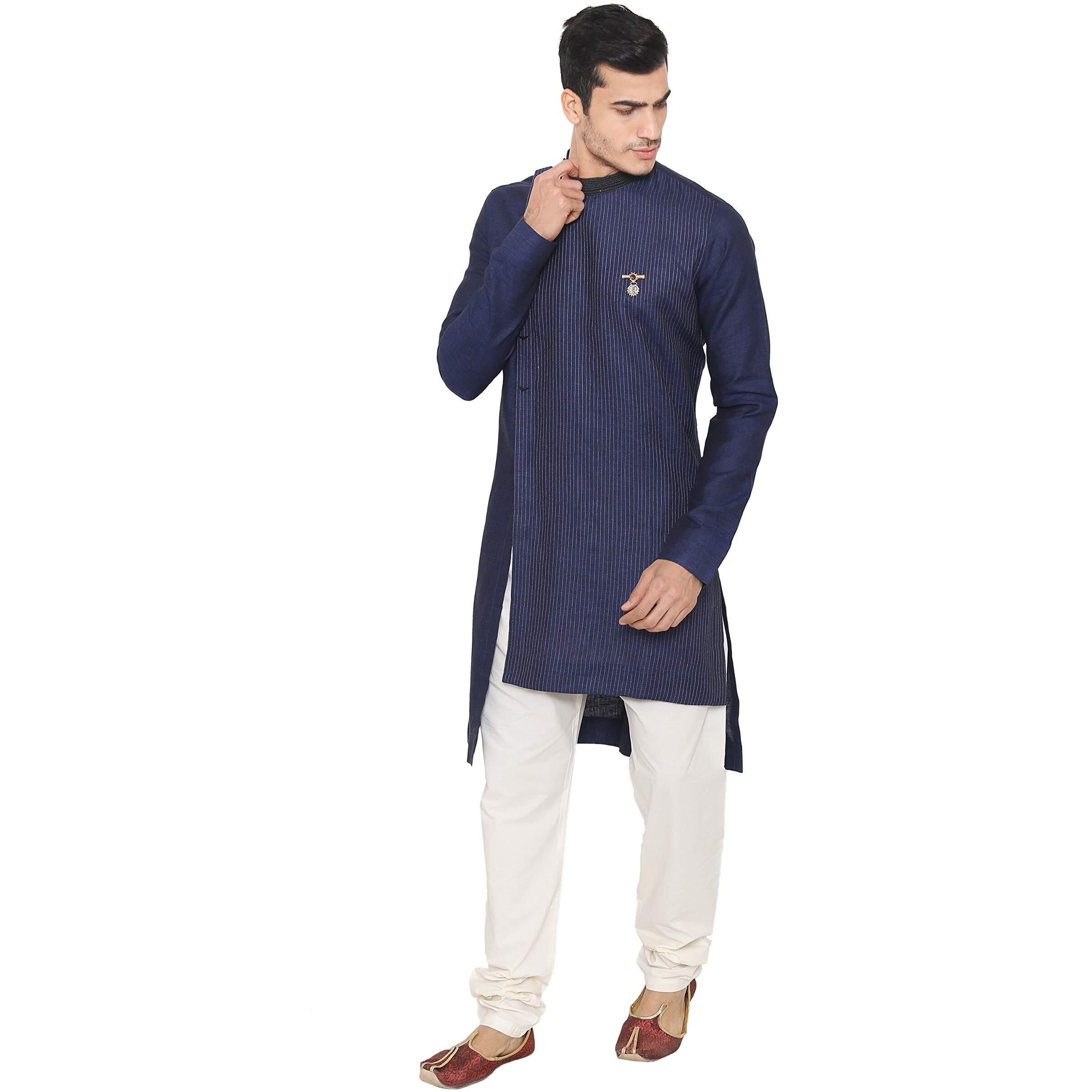 Manyavar Men's Silk Blend Regular Kurta Churidar (SOSK447_Blue_XL)