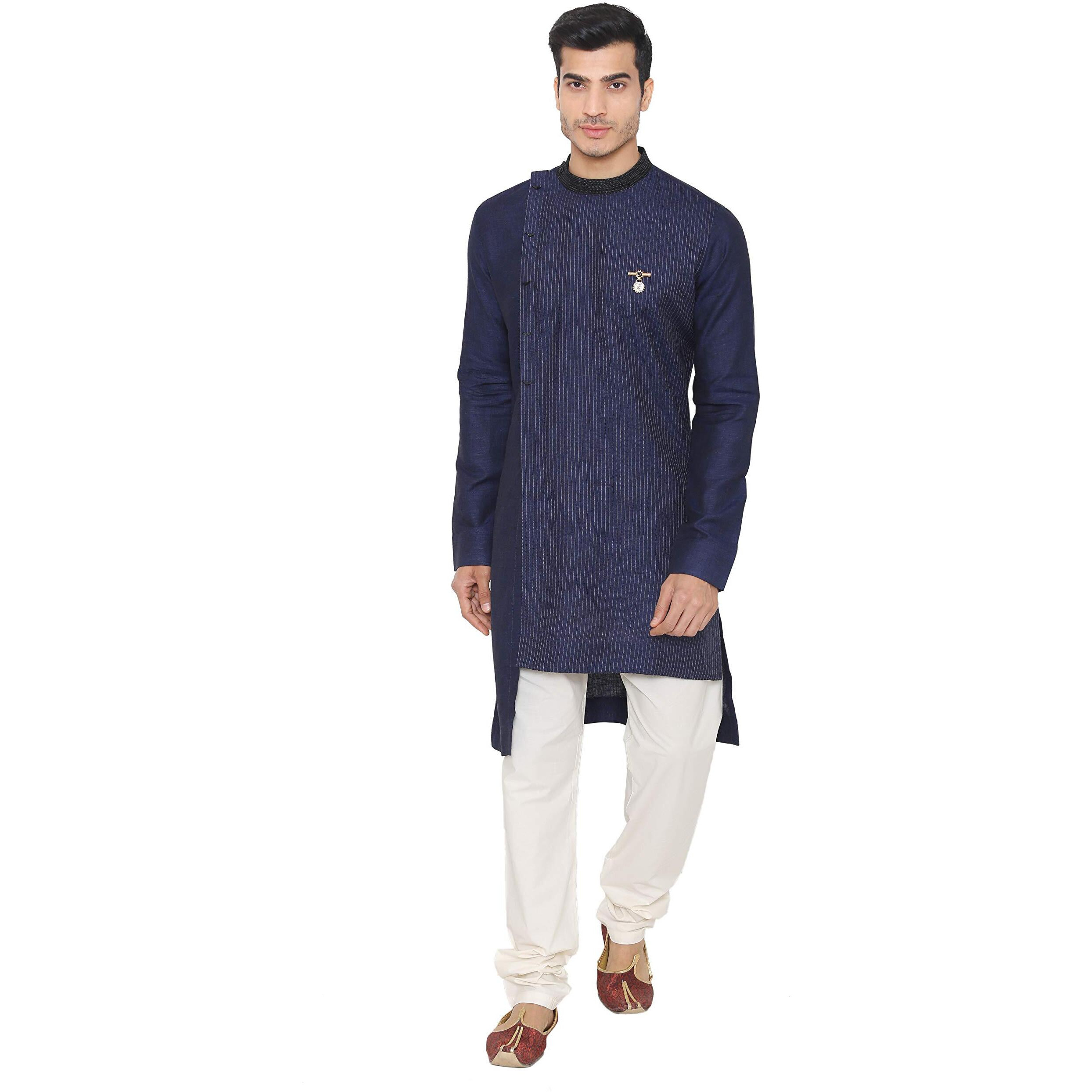 Manyavar Men's Silk Blend Regular Kurta Churidar (SOSK447_Blue_XL)