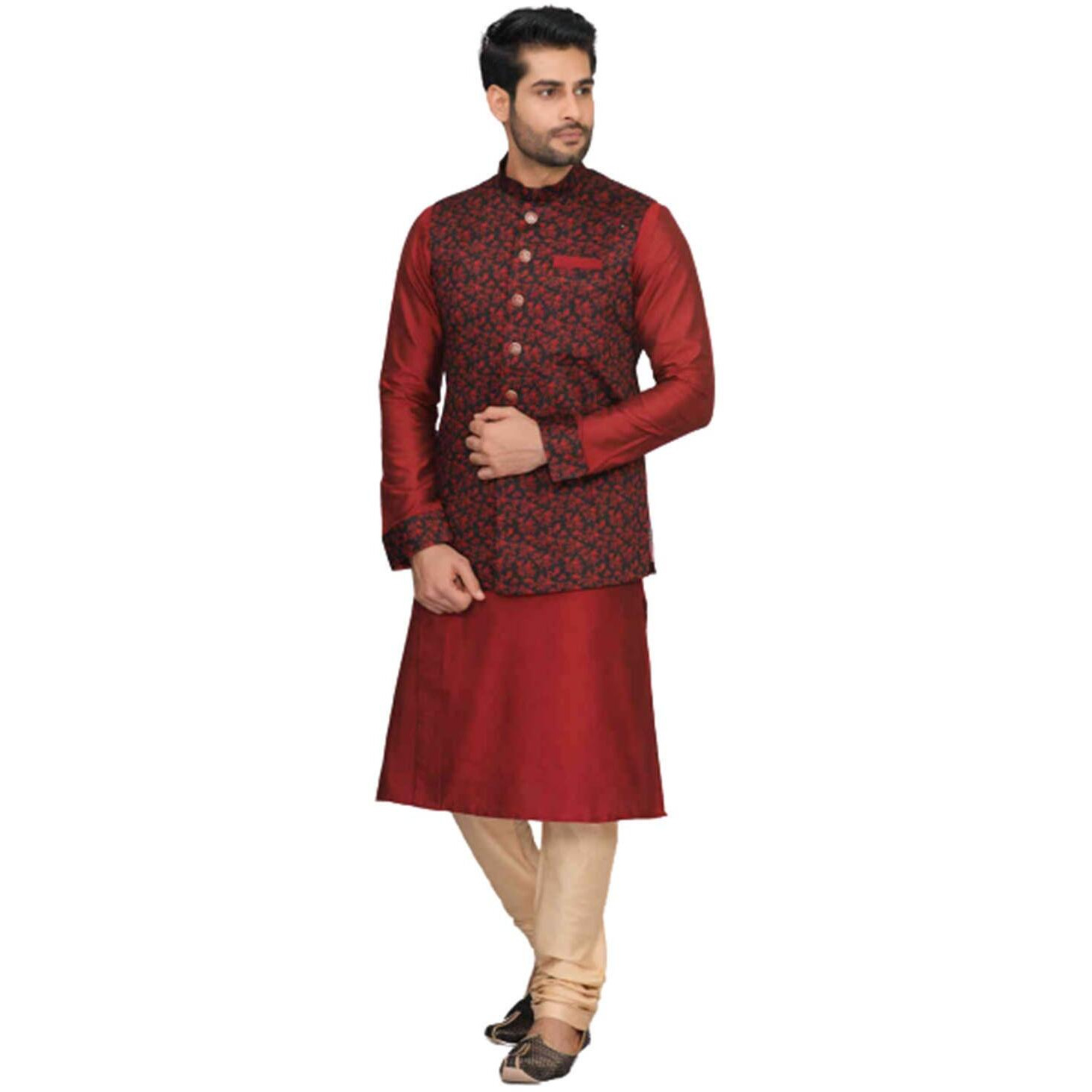 Manyavar Men's Art Silk Other Kurta Pyjama with Waist Coat (JAST148-307_Maroon_Medium)