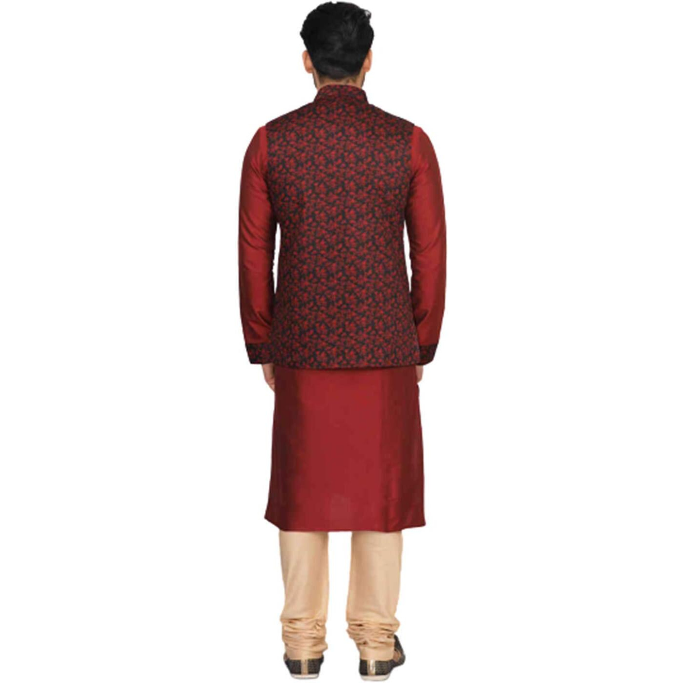 Manyavar Men's Art Silk Other Kurta Pyjama with Waist Coat (JAST148-307_Maroon_Medium)