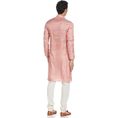 Manyavar Embroidered Design Knee Long Full Sleeves Kurta and Churidar Set For Men - (Pink, Large)