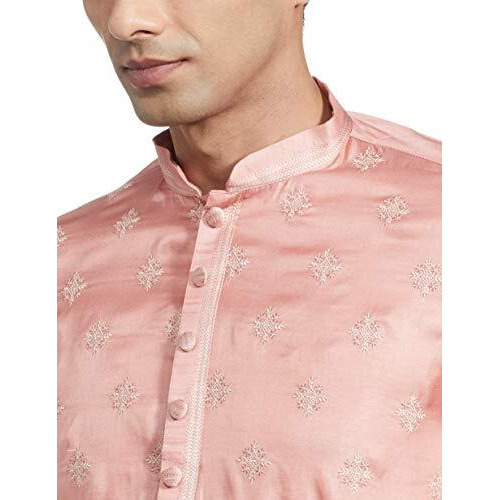 Manyavar Embroidered Design Knee Long Full Sleeves Kurta and Churidar Set For Men - (Pink, Large)