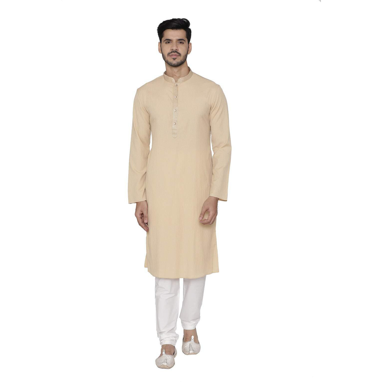 Manyavar Men's Crepe Band Other Kurta Pyjama (SDES445_Beige Biscuit_S)