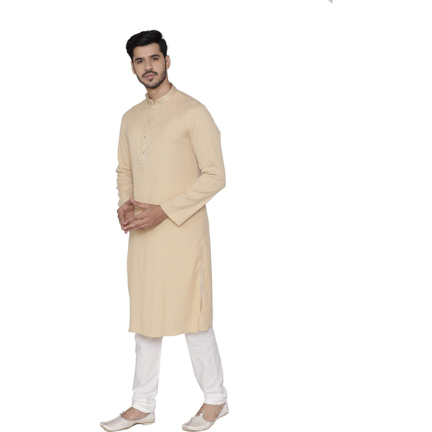 Manyavar Men's Crepe Band Other Kurta Pyjama (SDES445_Beige Biscuit_S)