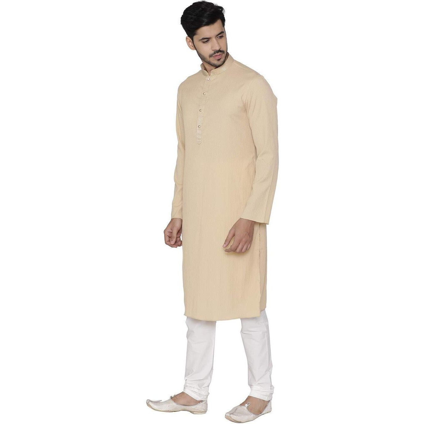 Manyavar Men's Crepe Band Other Kurta Pyjama (SDES445_Beige Biscuit_S)