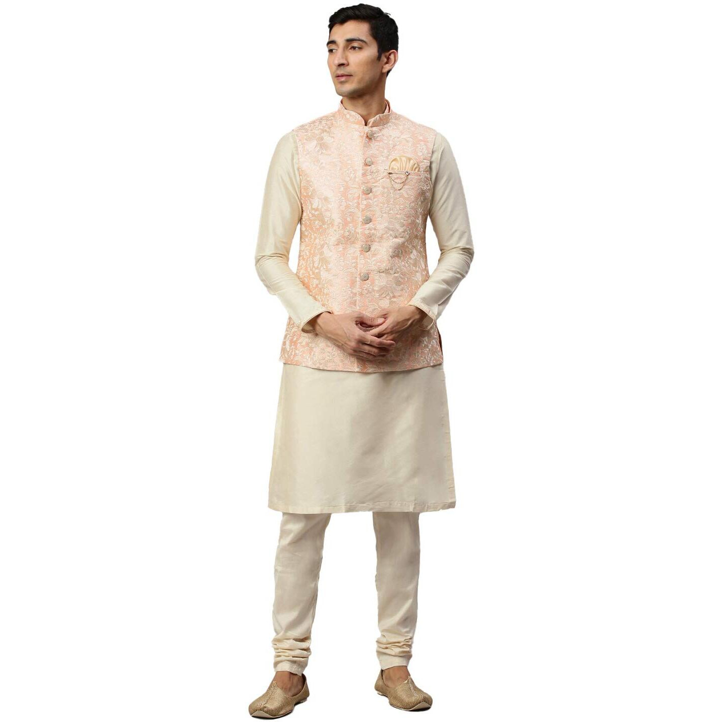 Manyavar Men's Silk Blend Regular Kurta Jacket Set (JAST156_Gajaree_L)