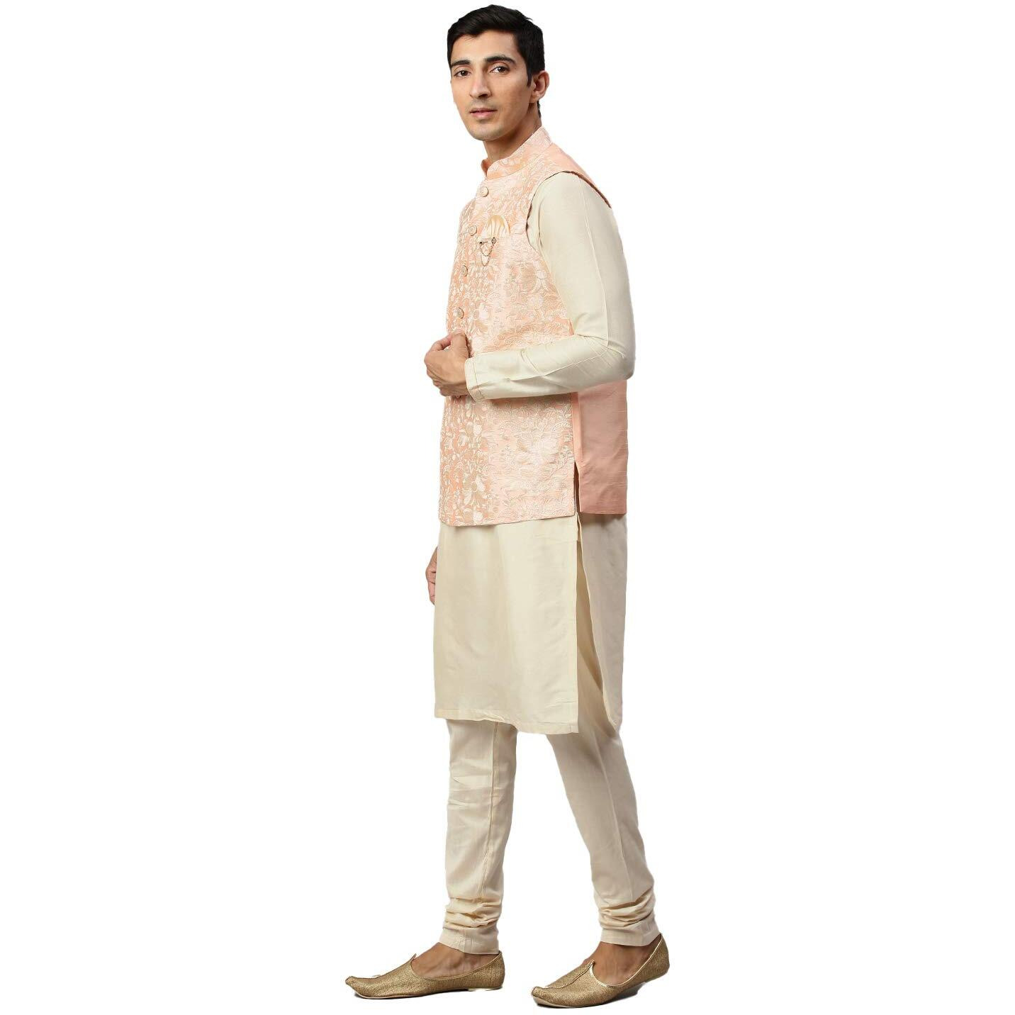 Manyavar Men's Silk Blend Regular Kurta Jacket Set (JAST156_Gajaree_L)