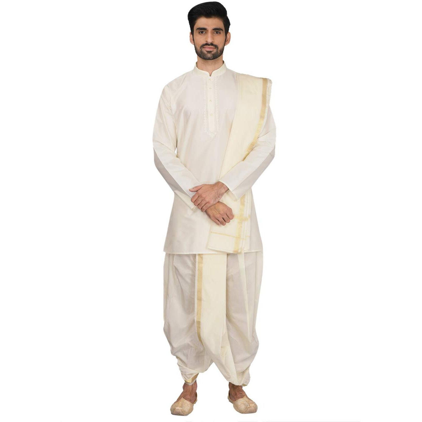 Manyavar Elegant Solid Plain Kurta and Dhoti Set For Men - (White, Large)