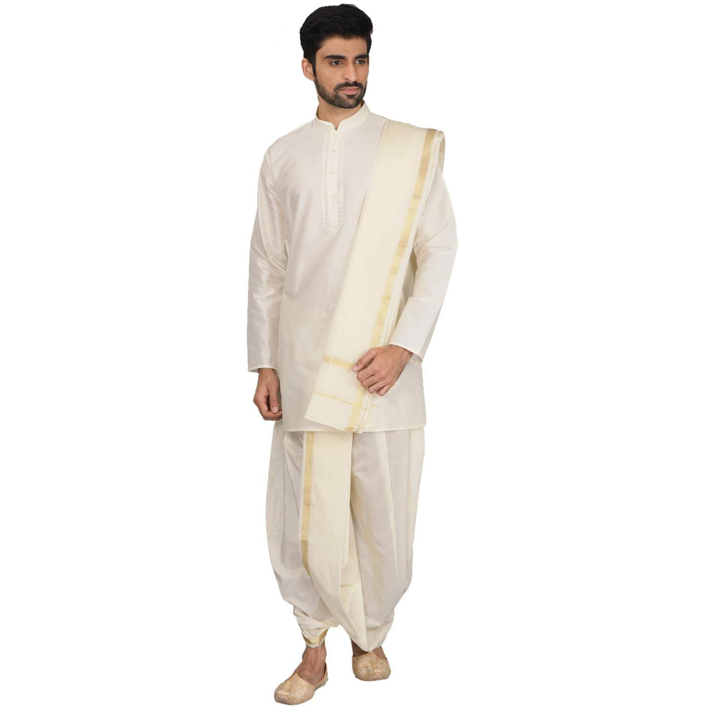 Manyavar Elegant Solid Plain Kurta and Dhoti Set For Men - (White, Large)