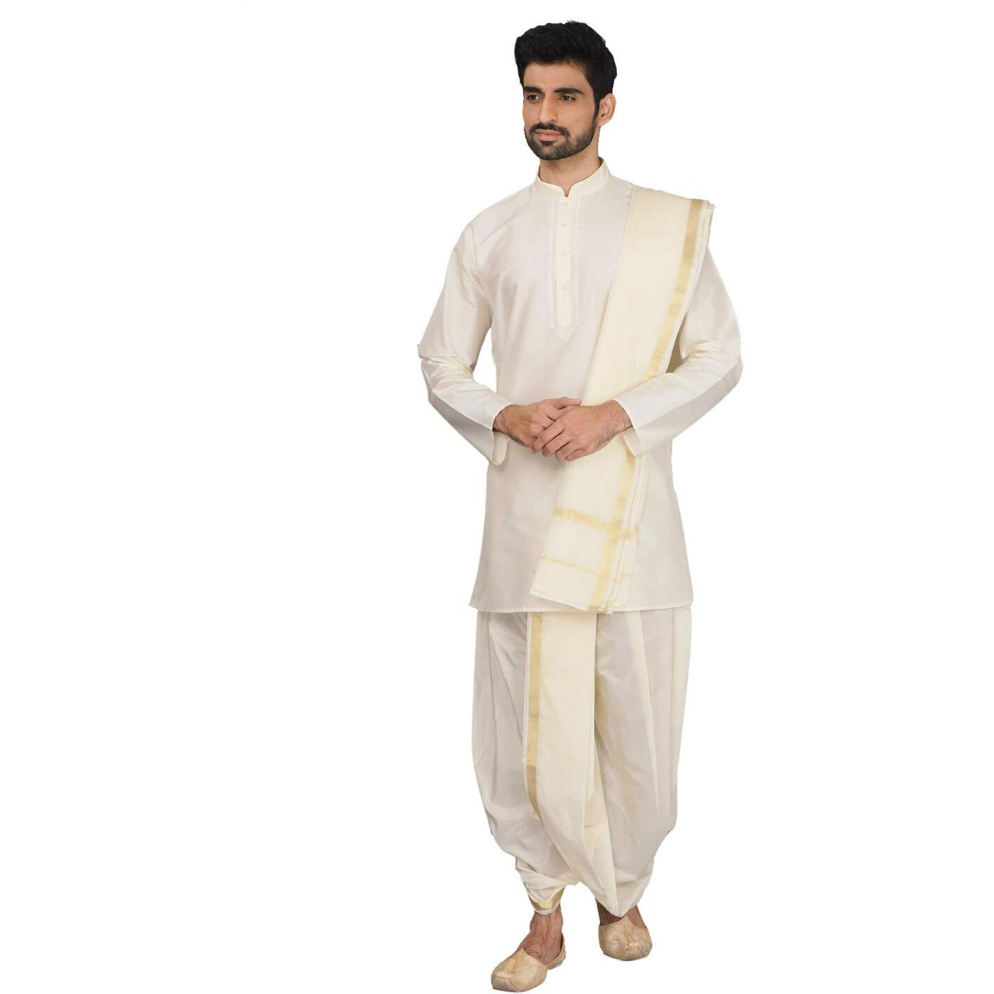 Manyavar Elegant Solid Plain Kurta and Dhoti Set For Men - (White, Large)