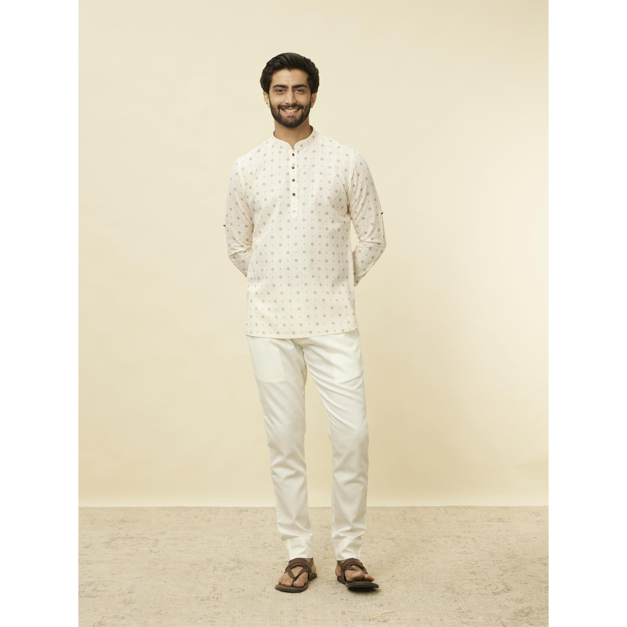 Manyavar Printed Casual Full Sleeves Short Kurta for Men - (Beige, Medium)