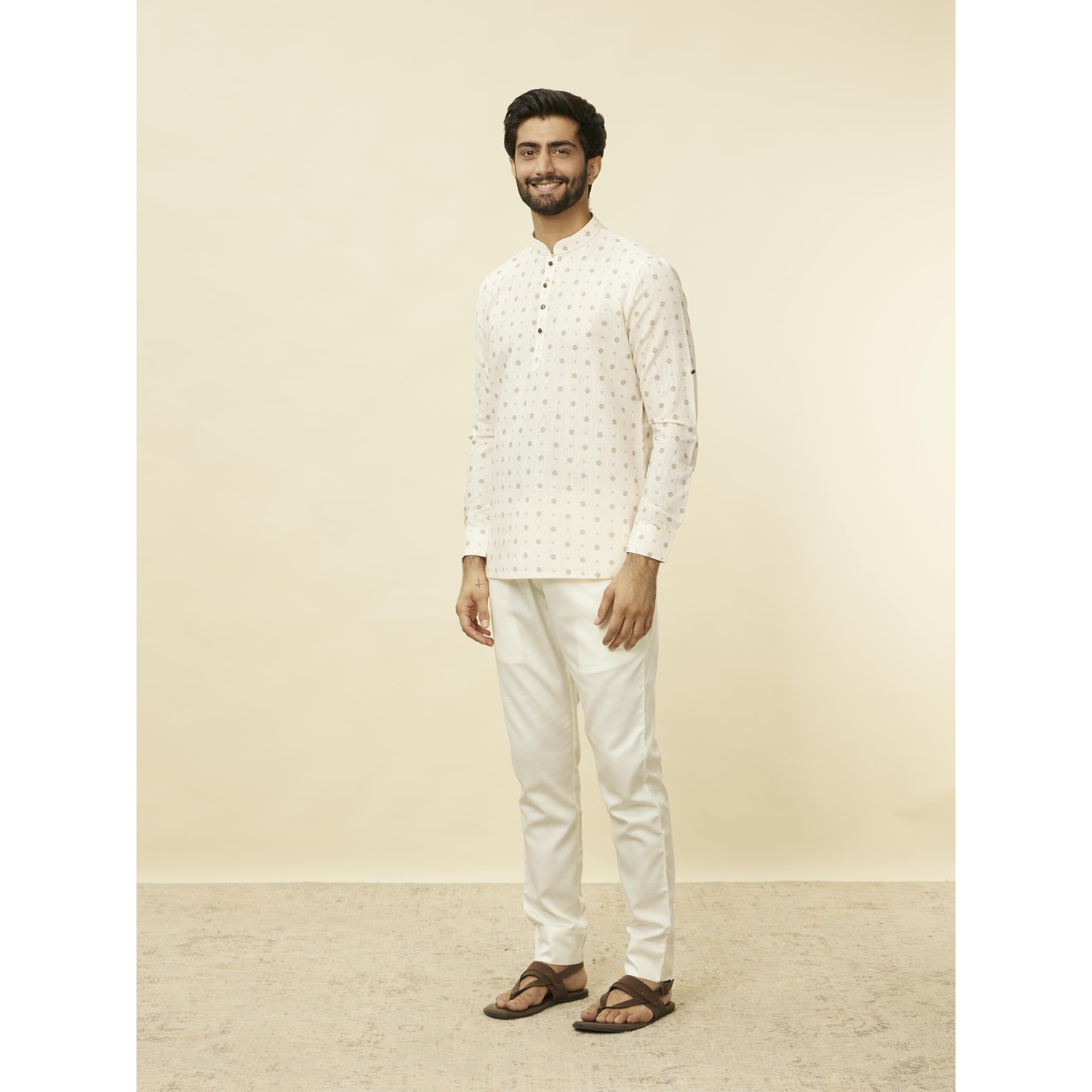 Manyavar Printed Casual Full Sleeves Short Kurta for Men - (Beige, Medium)