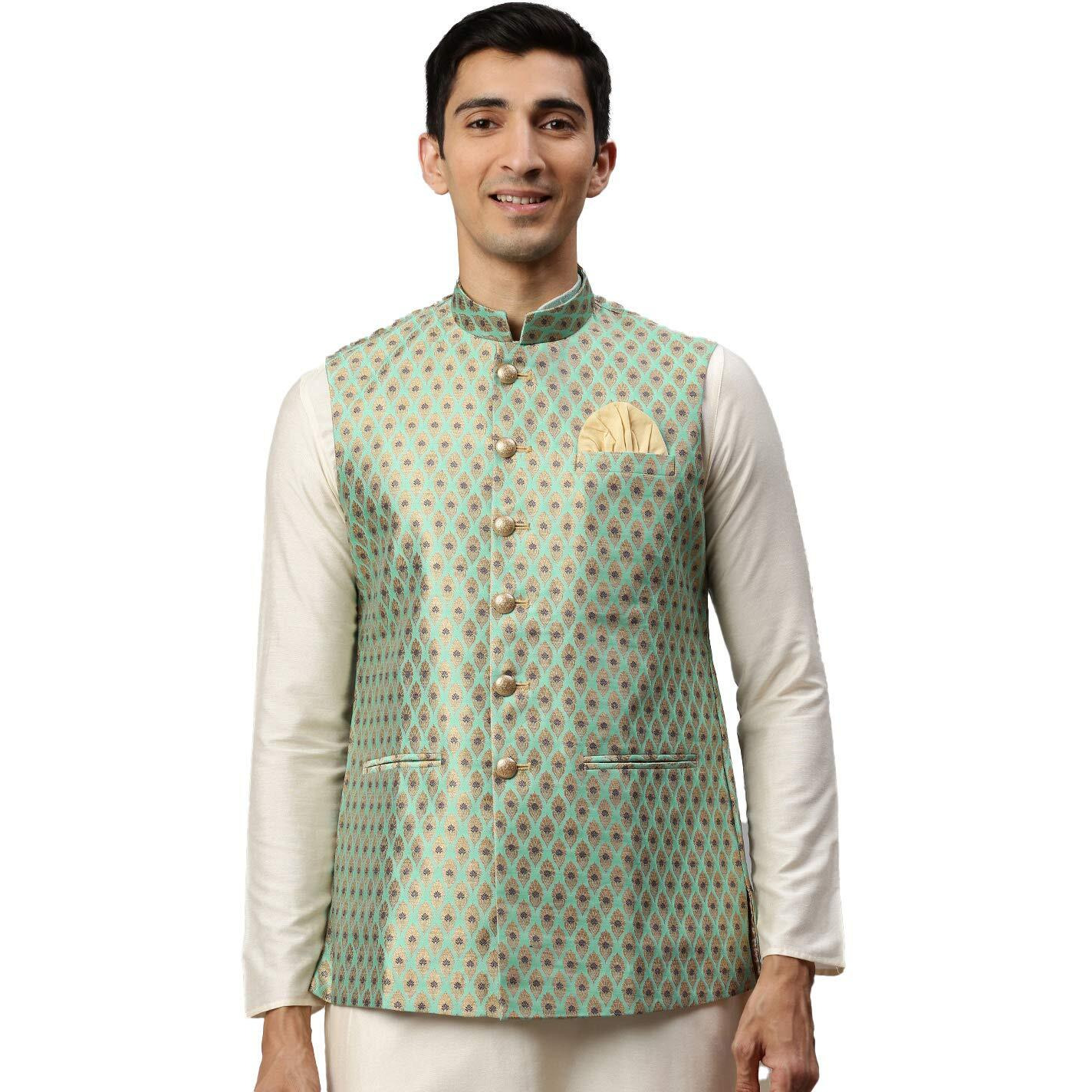 Manyavar Men's Nehru Jacket (JAC180_Light Green_M)