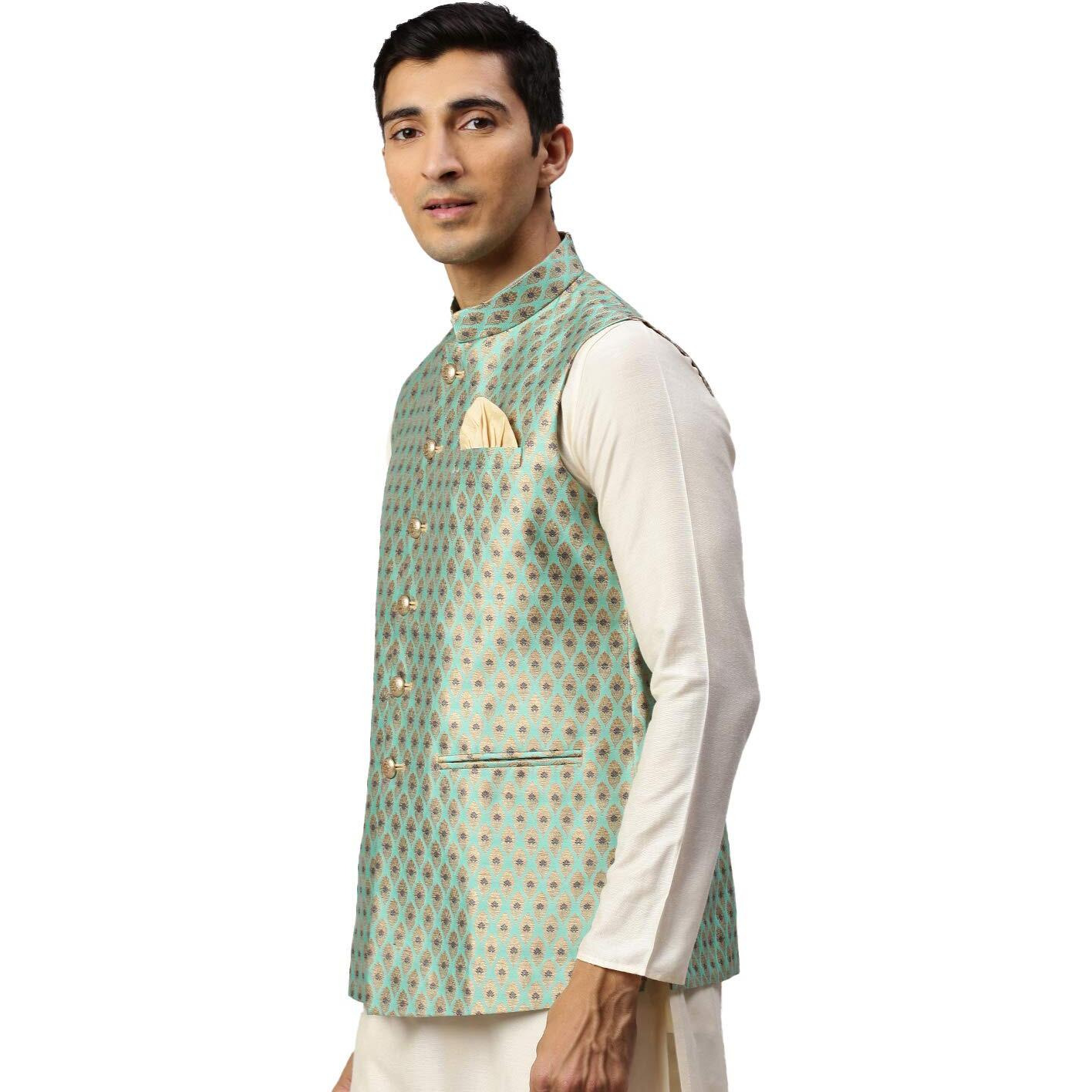 Manyavar Men's Nehru Jacket (JAC180_Light Green_M)